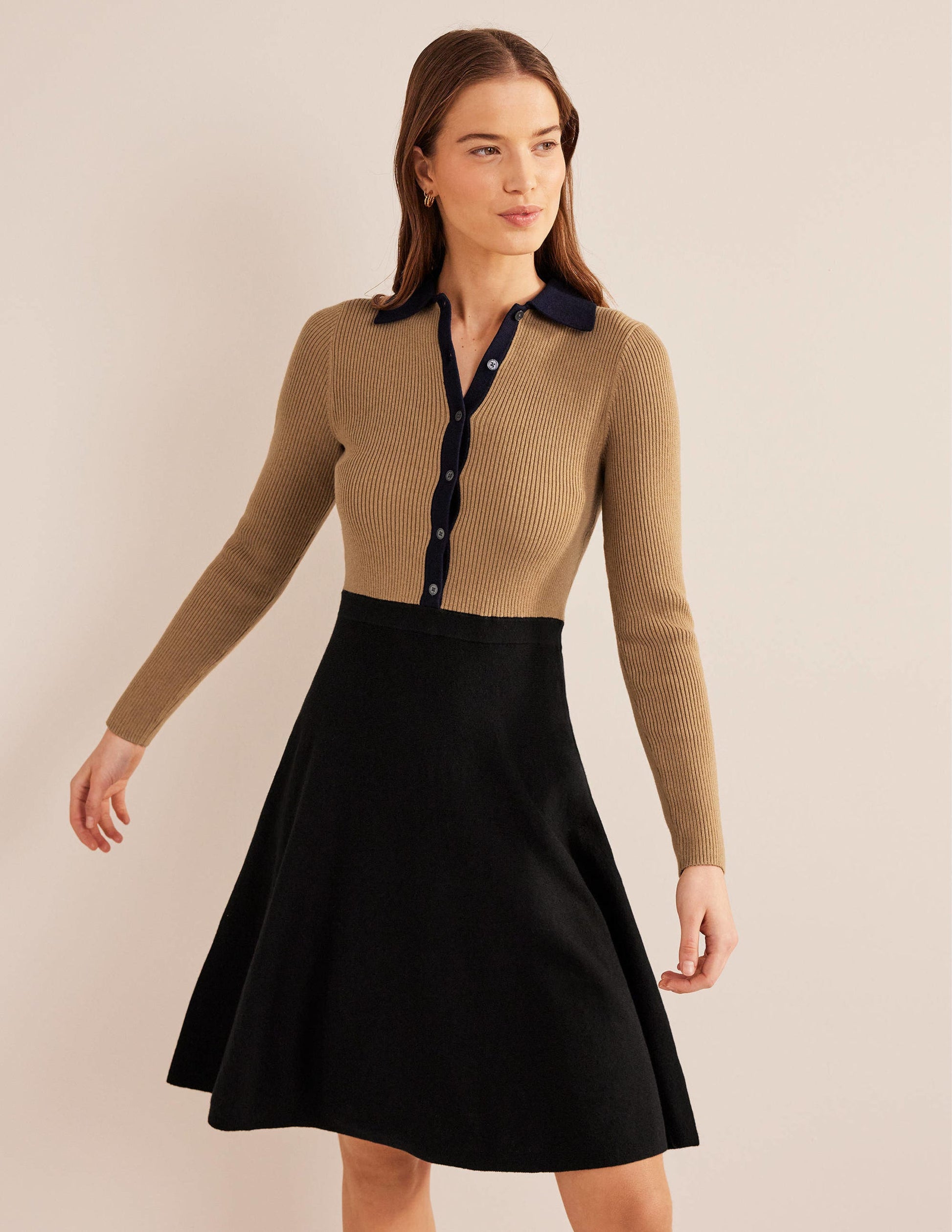 Rib Detail Knitted Mini Dress-Black, Camel Colourblock-4