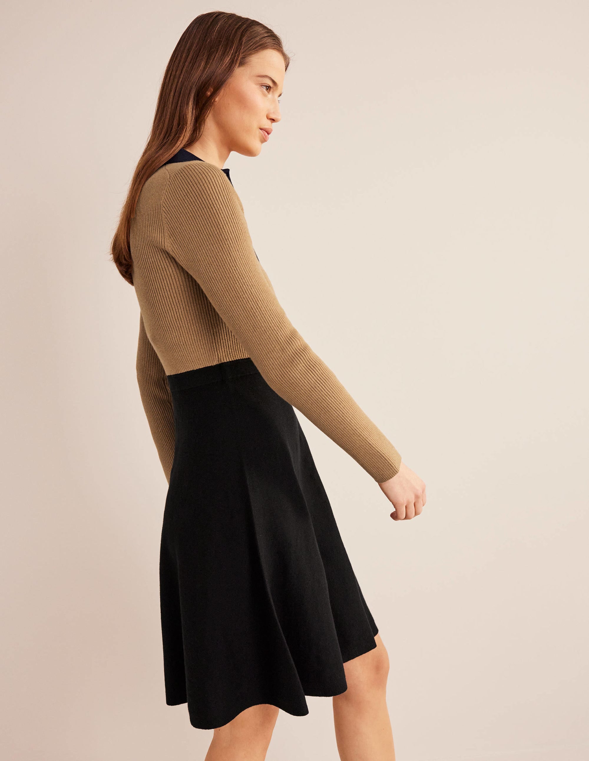 Rib Detail Knitted Mini Dress-Black, Camel Colourblock - Image 5