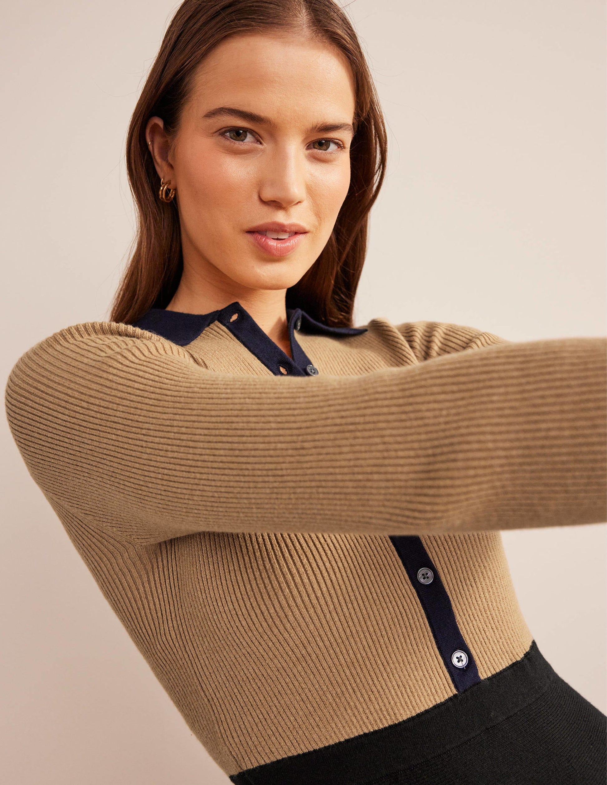 Rib Detail Knitted Mini Dress-Black, Camel Colourblock-6