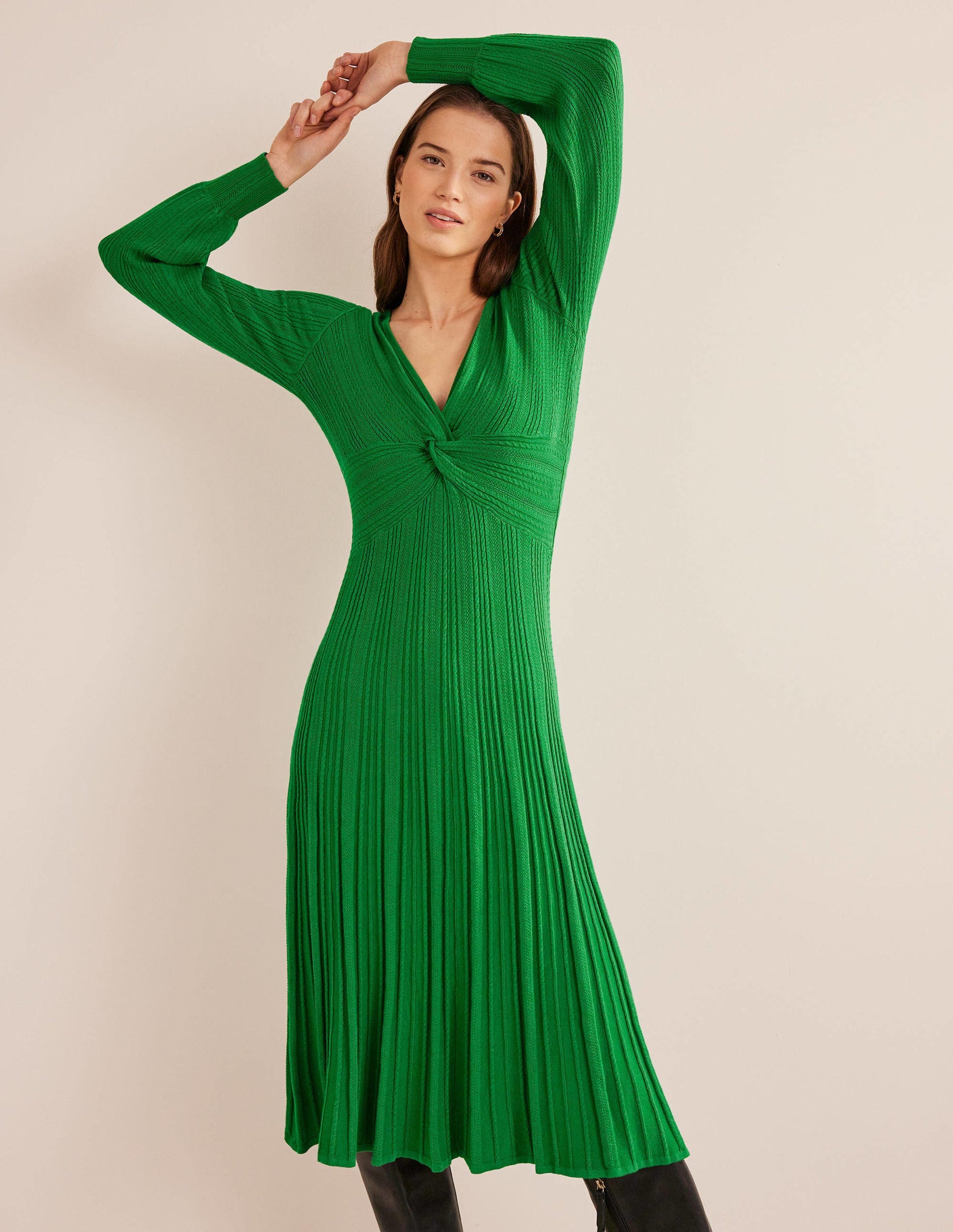 Twist Front Knitted Midi Dress-Highland Green-1