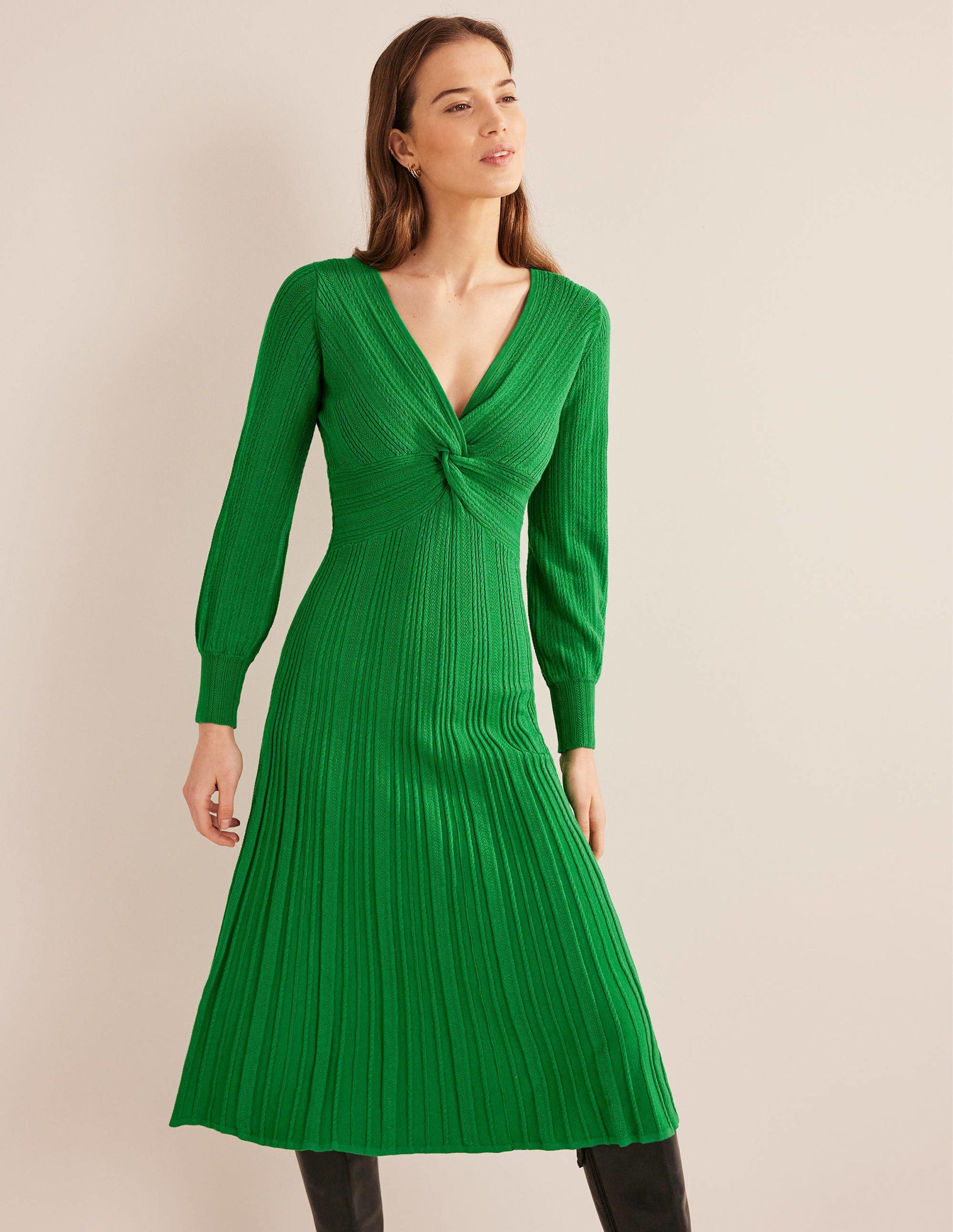 Twist Front Knitted Midi Dress-Highland Green-4