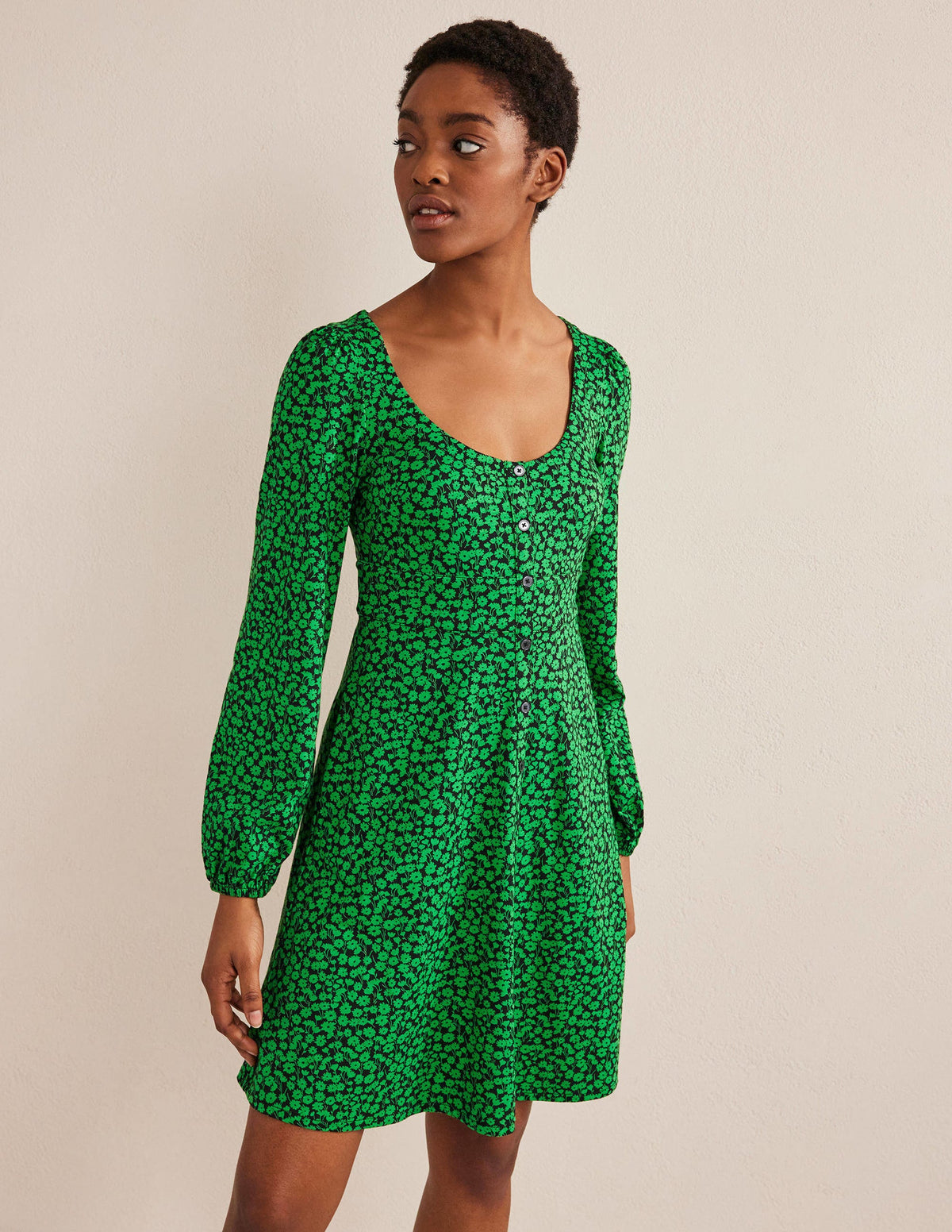 Button Front Jersey Mini Dress-Green Bee, Tulip Sprig - Image 1