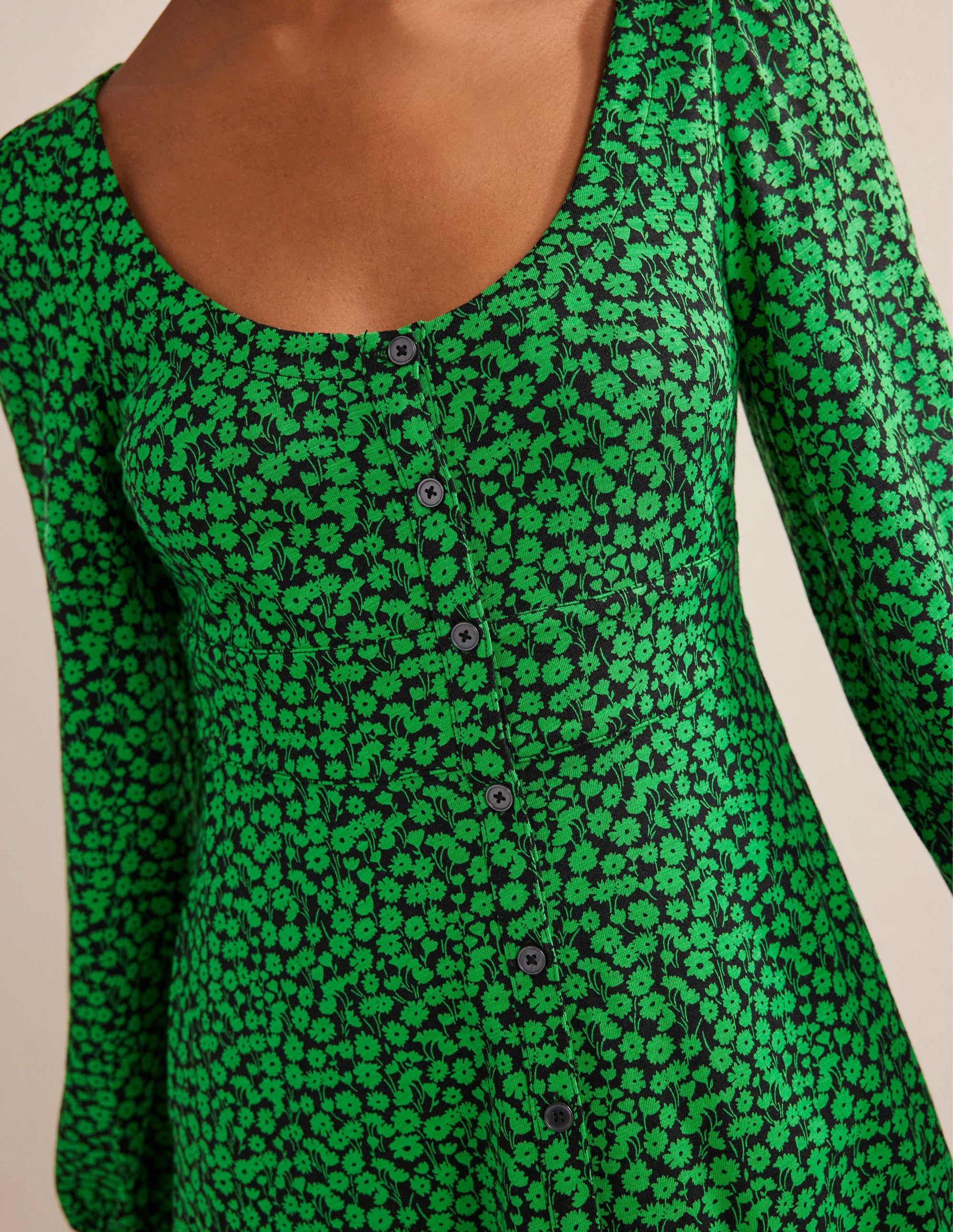Button Front Jersey Mini Dress-Green Bee, Tulip Sprig - Image 2