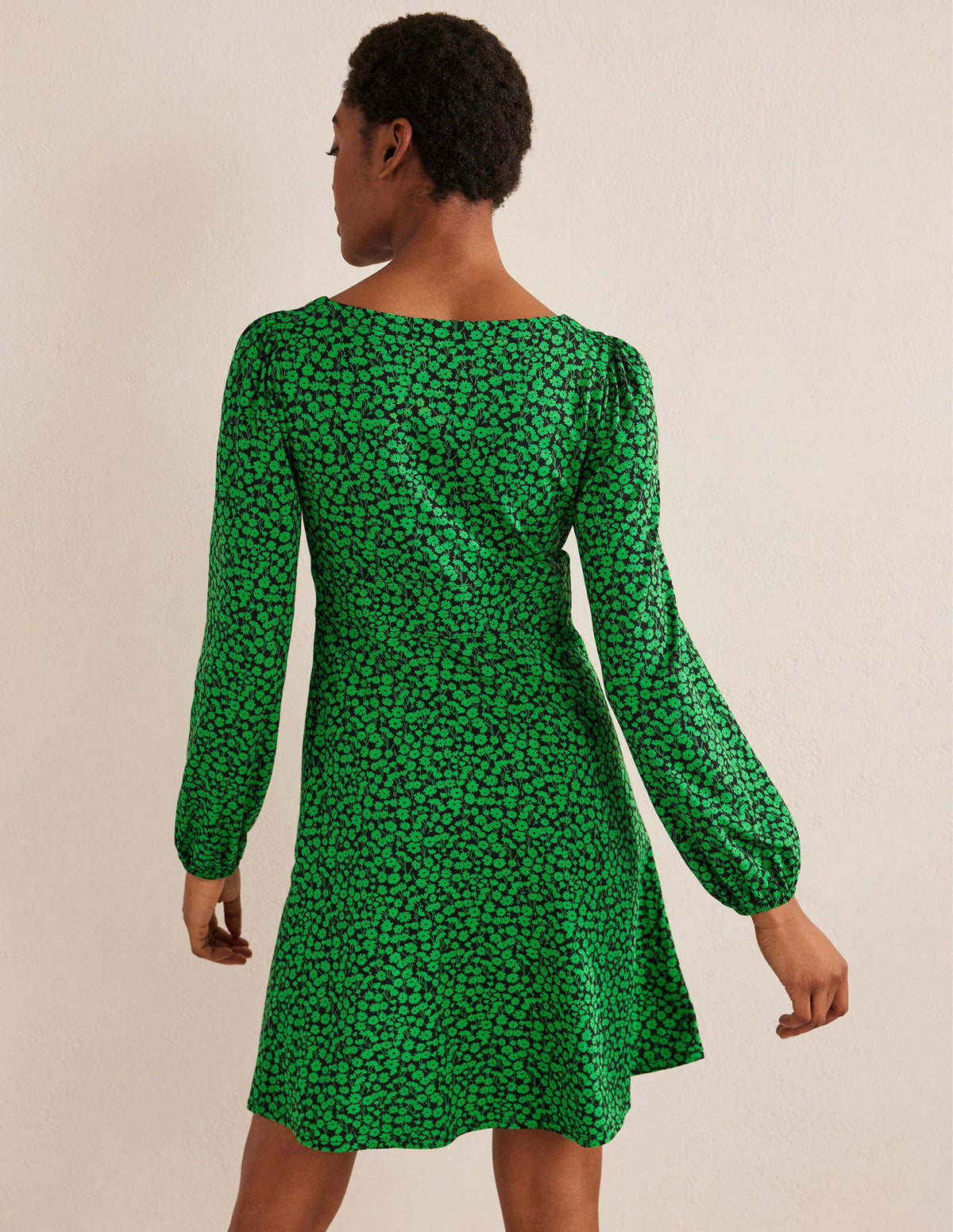 Button Front Jersey Mini Dress-Green Bee, Tulip Sprig - Image 3