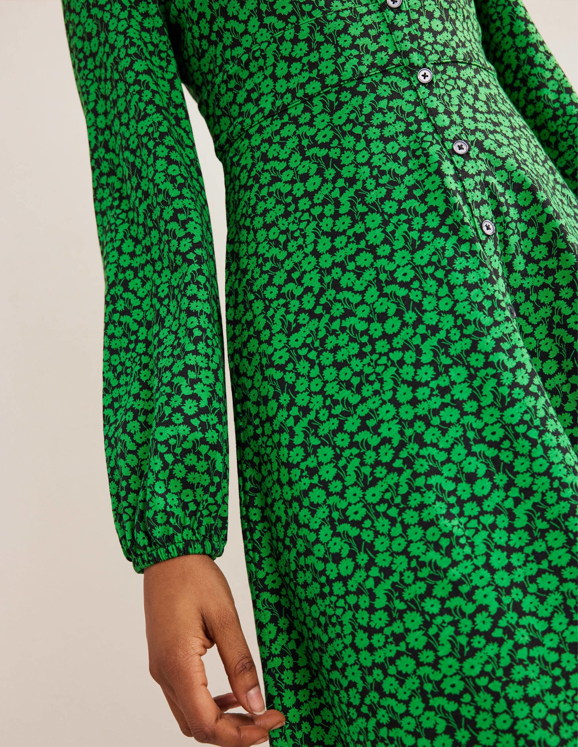 Button Front Jersey Mini Dress-Green Bee, Tulip Sprig - Image 4
