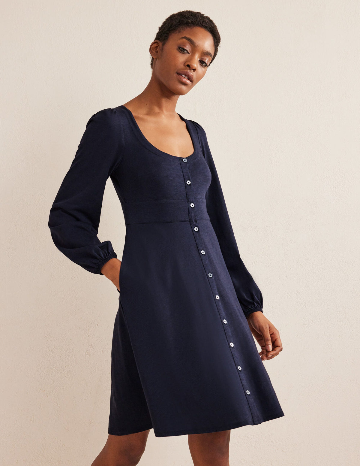 Button Front Jersey Mini Dress-Navy - Image 1
