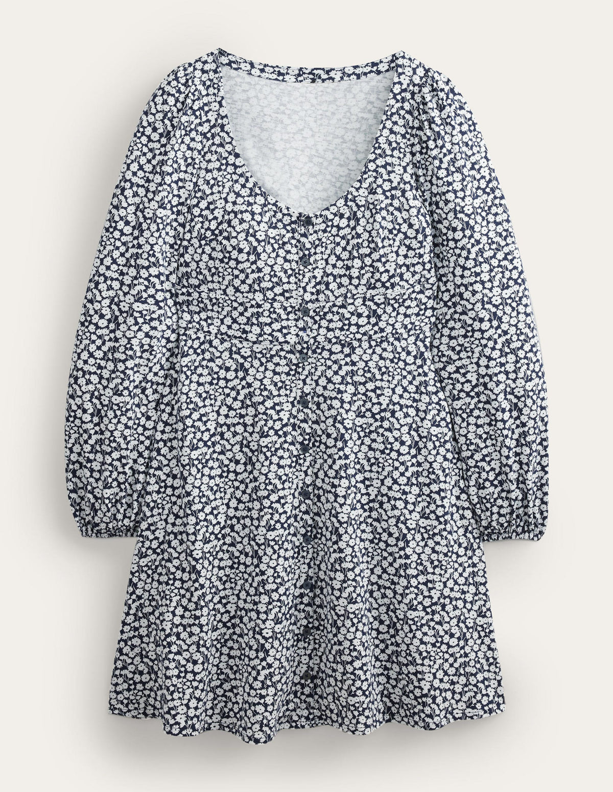 Button Front Jersey Mini Dress-French Navy, Tulip Sprig-5
