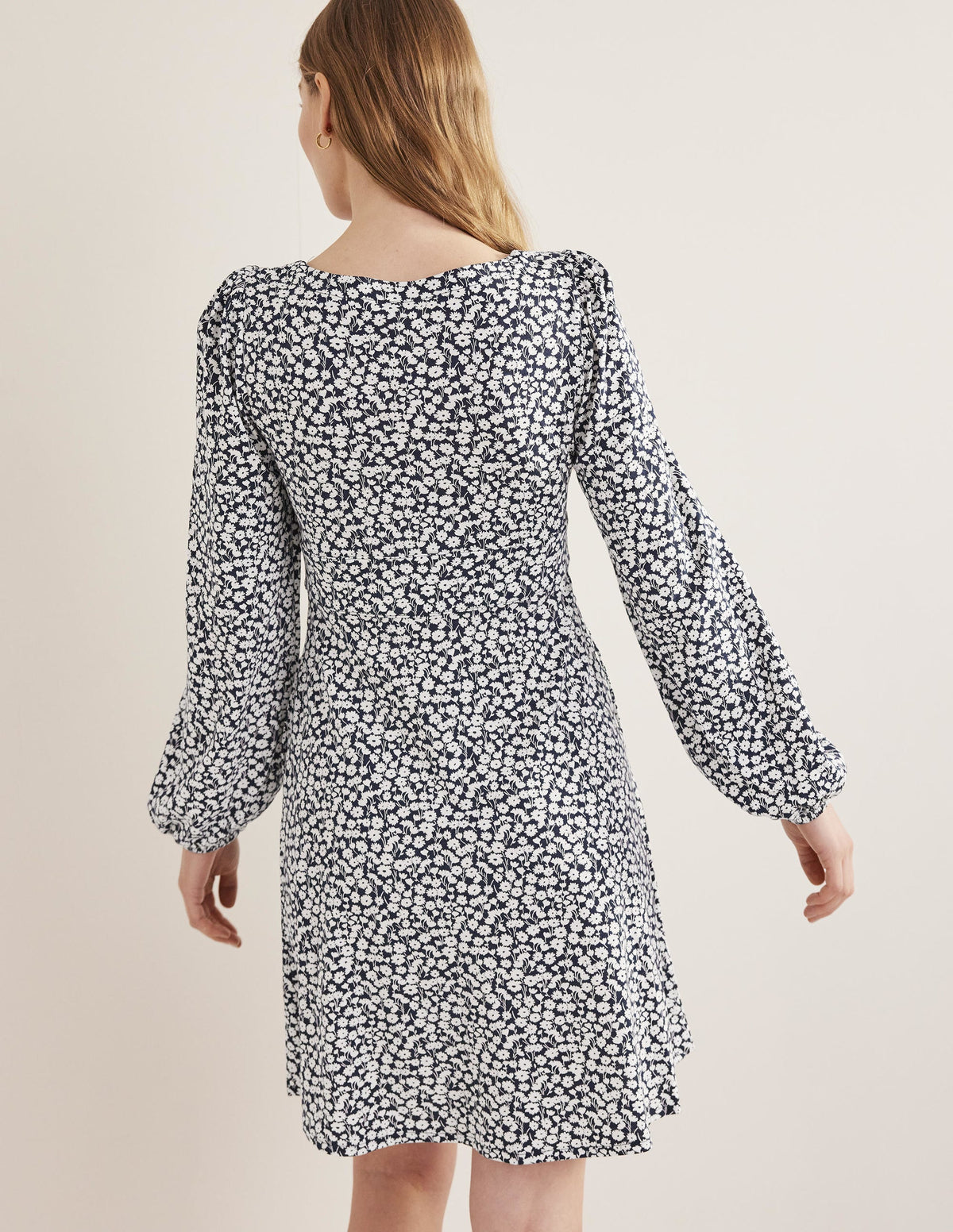 Button Front Jersey Mini Dress-French Navy, Tulip Sprig - Image 3
