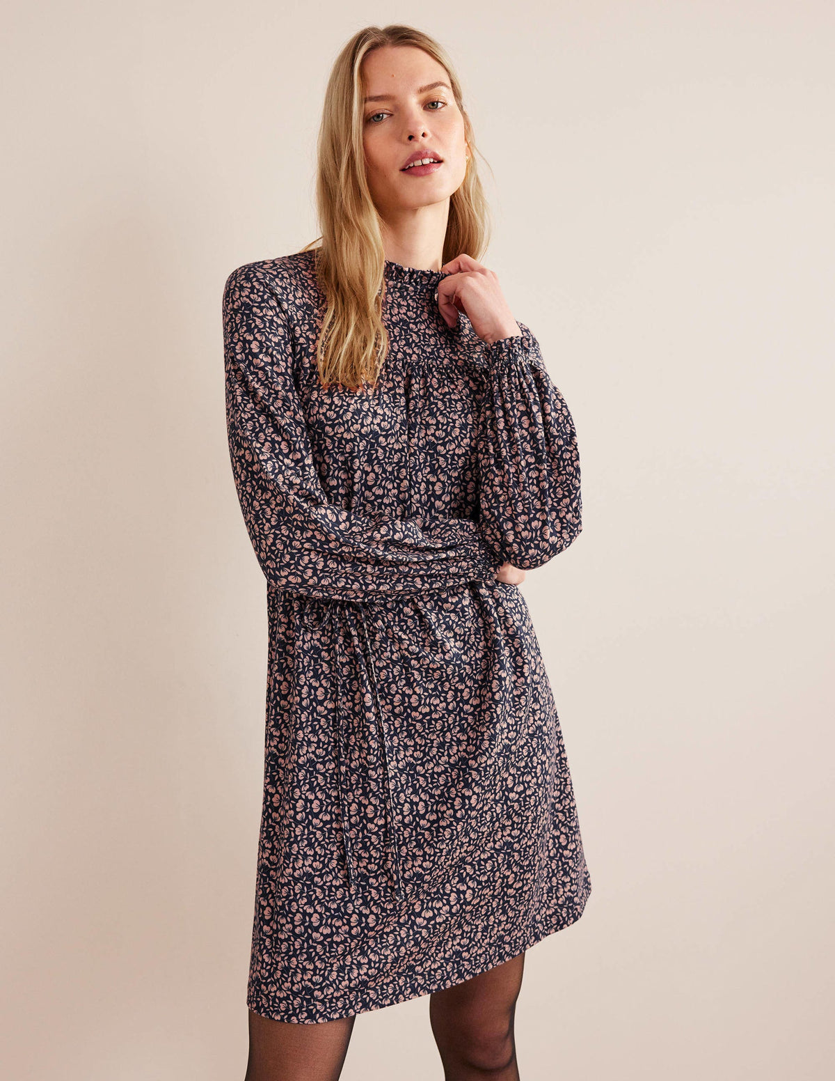 Easy Yoke Mini Jersey Dress-French Navy, Poppy Petal-1