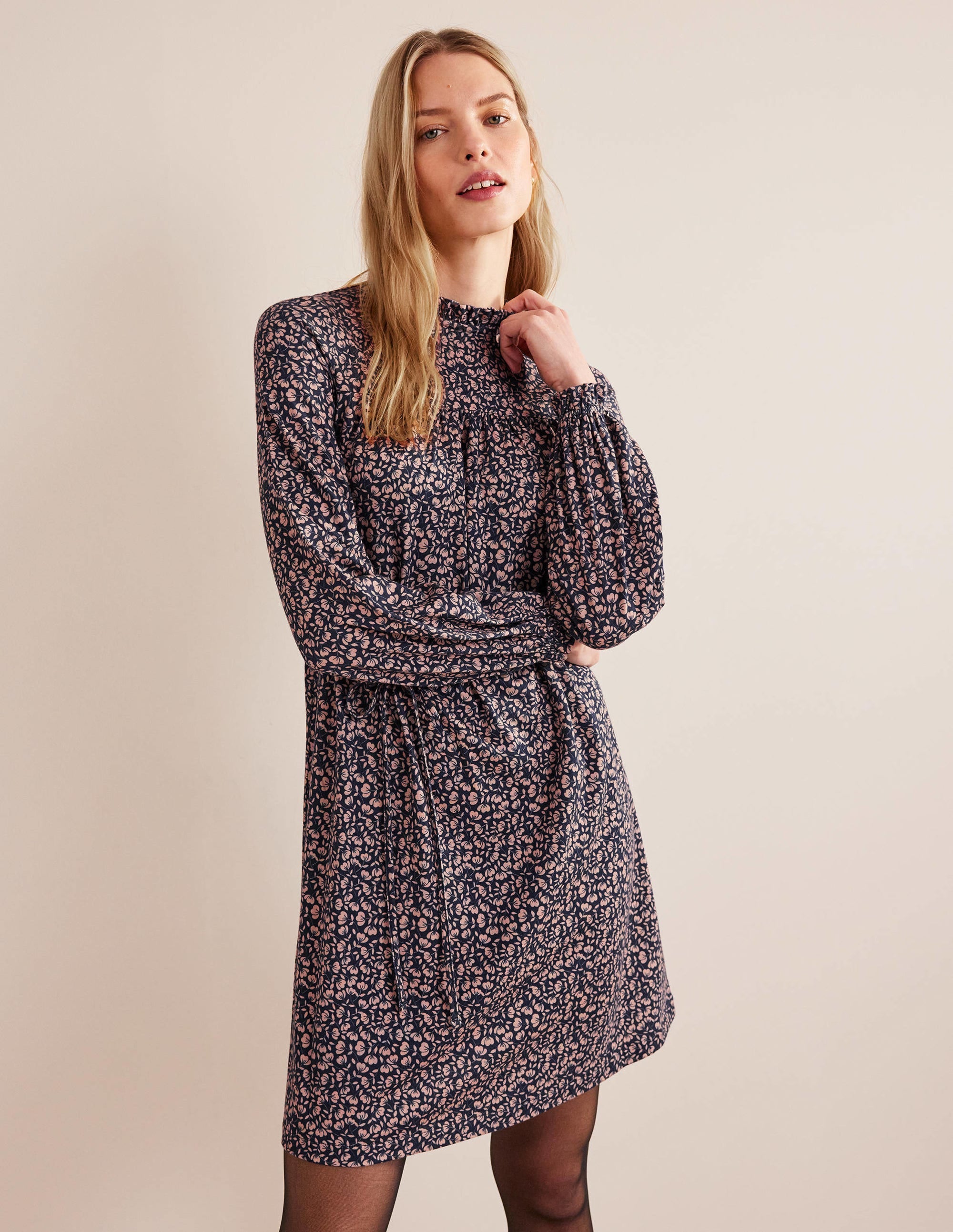 Easy Yoke Mini Jersey Dress-French Navy, Poppy Petal - Image 1