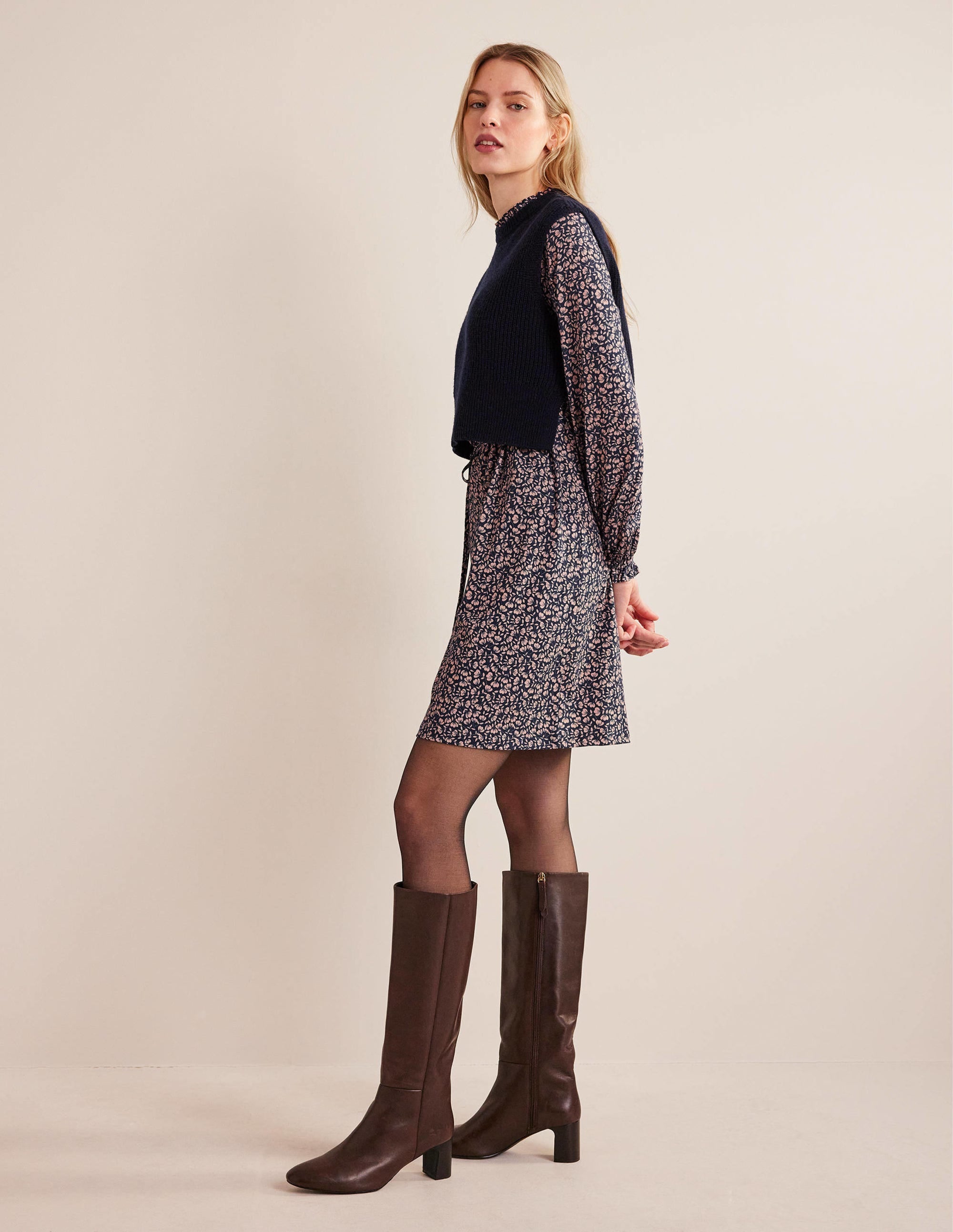 Easy Yoke Mini Jersey Dress-French Navy, Poppy Petal - Image 5