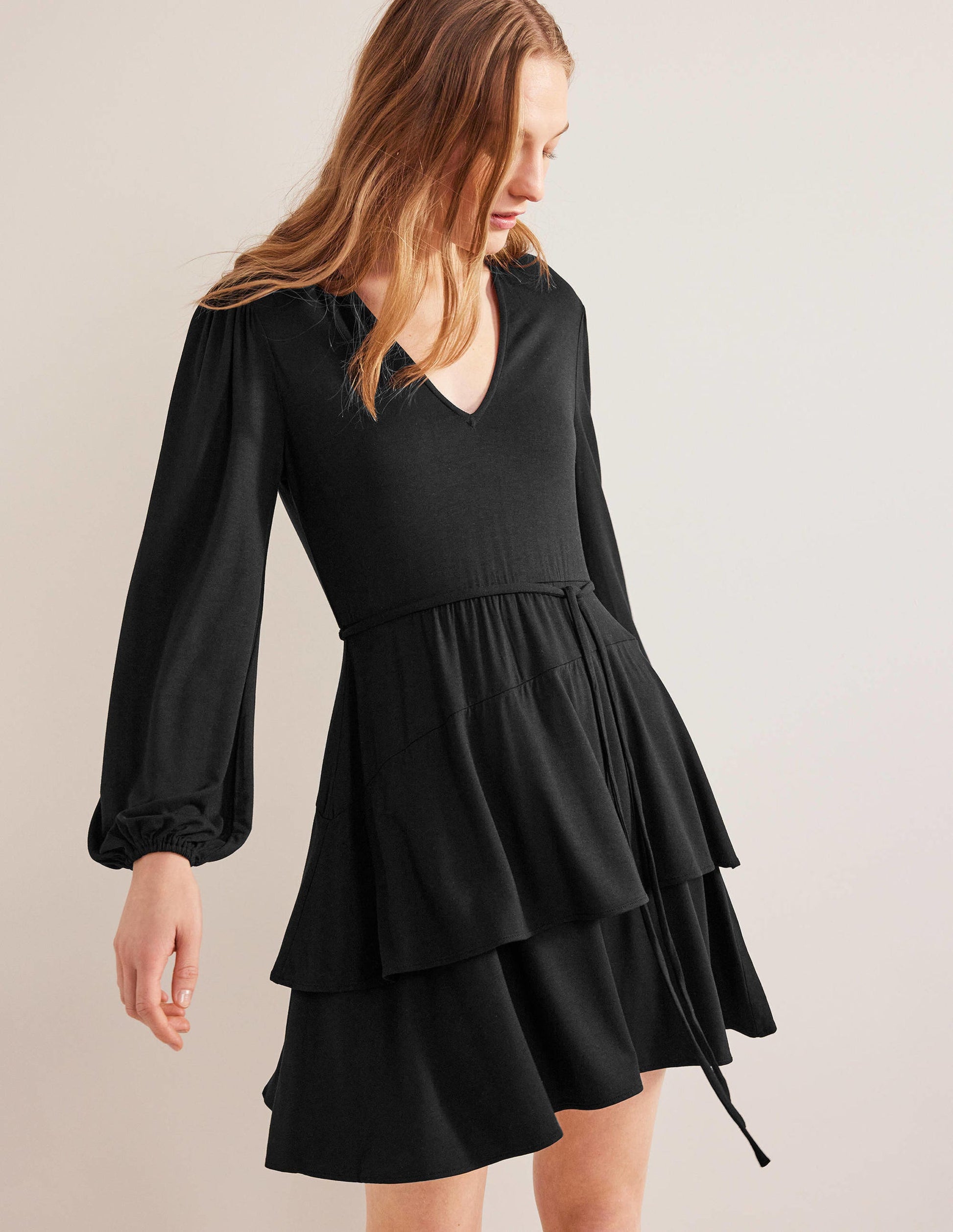 Tiered Mini Jersey Dress-Black-1