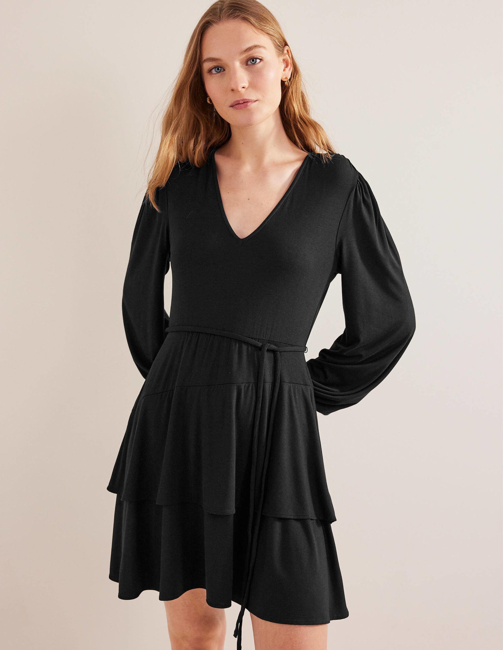 Tiered Mini Jersey Dress-Black-4