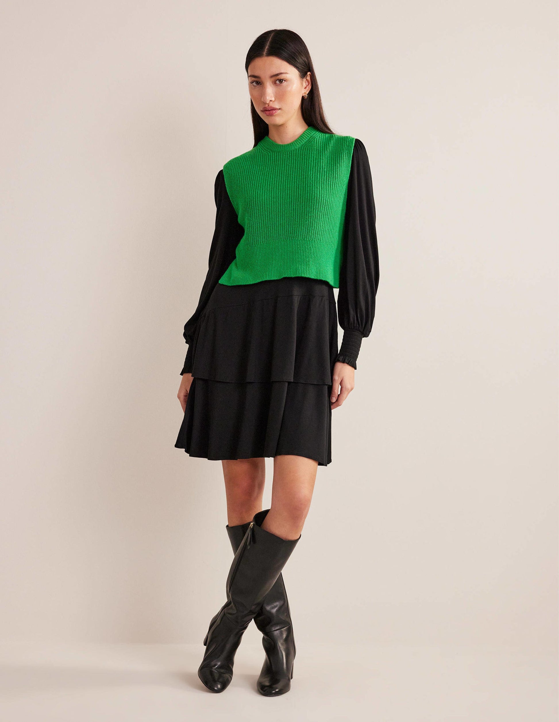Tiered Mini Jersey Dress-Black-5