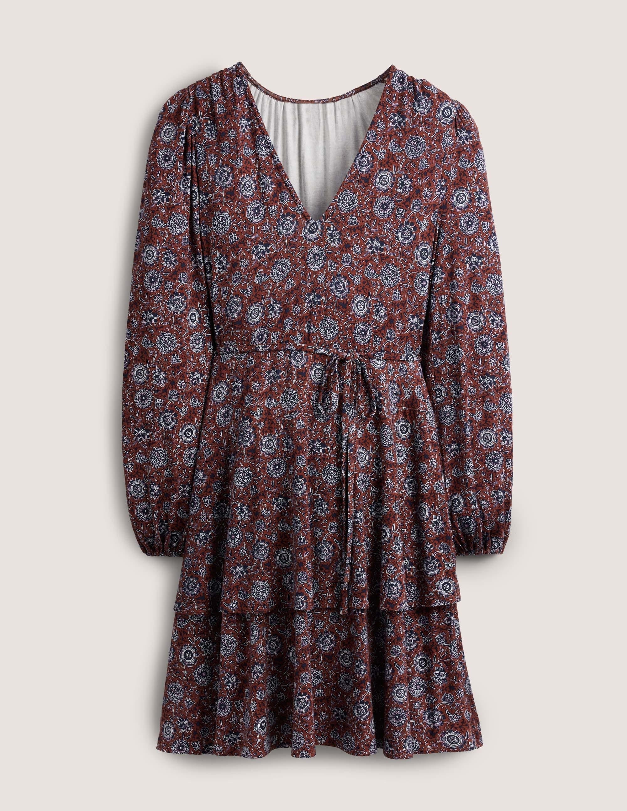 Tiered Mini Jersey Dress-Spiced Apple, Floral Tapestry - Image 5