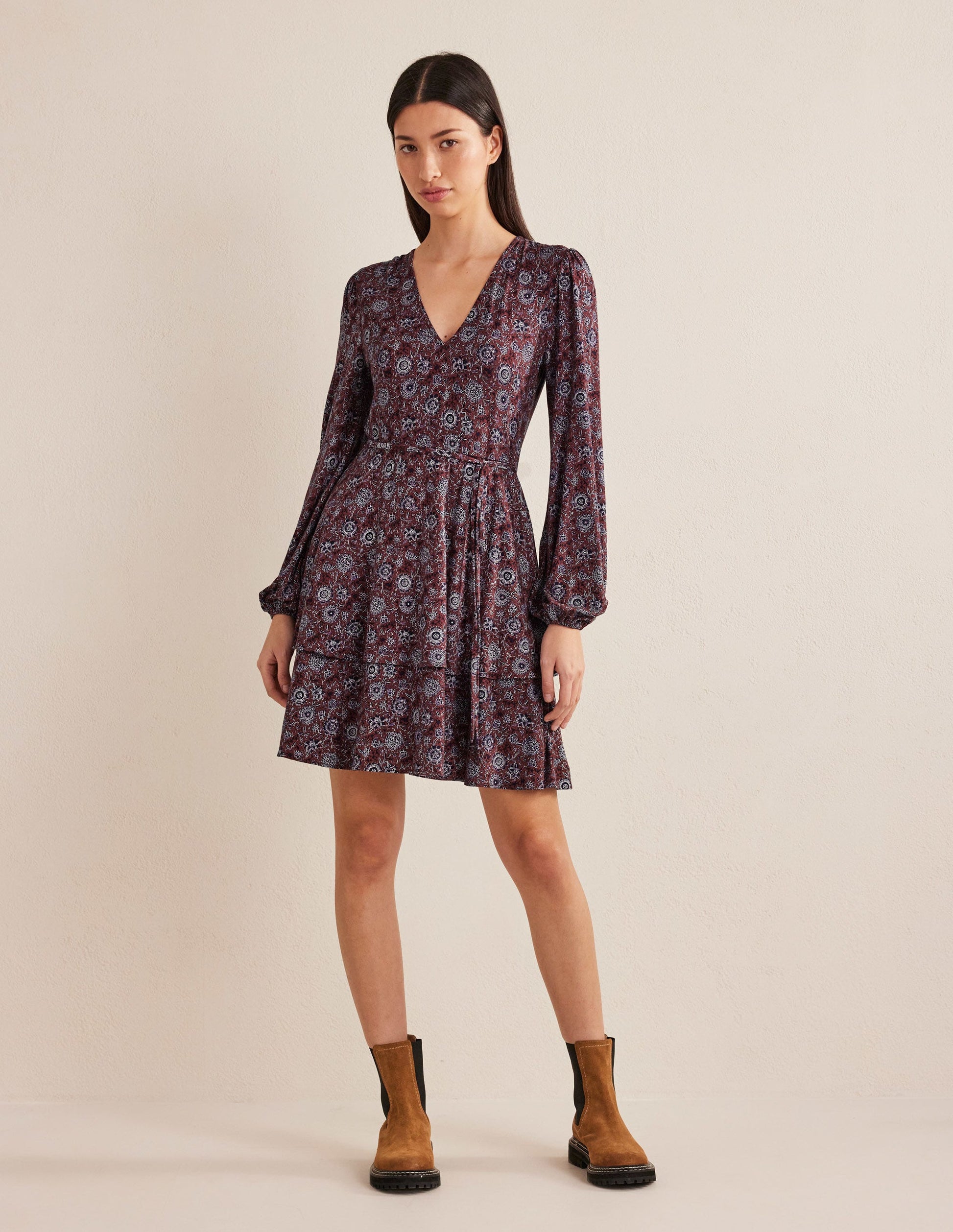 Tiered Mini Jersey Dress-Spiced Apple, Floral Tapestry-4