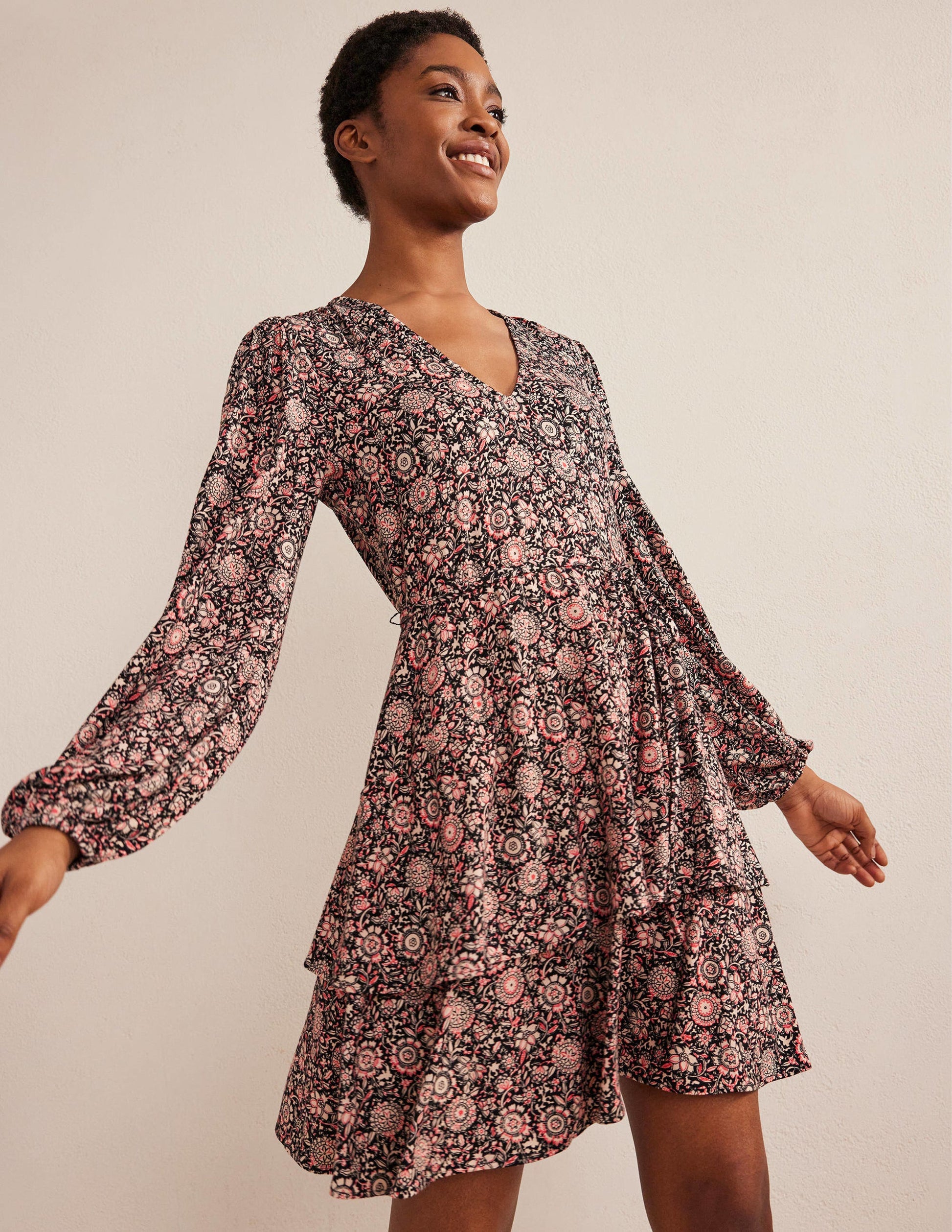 Tiered Mini Jersey Dress-Popcorn, Floral Tapestry-1