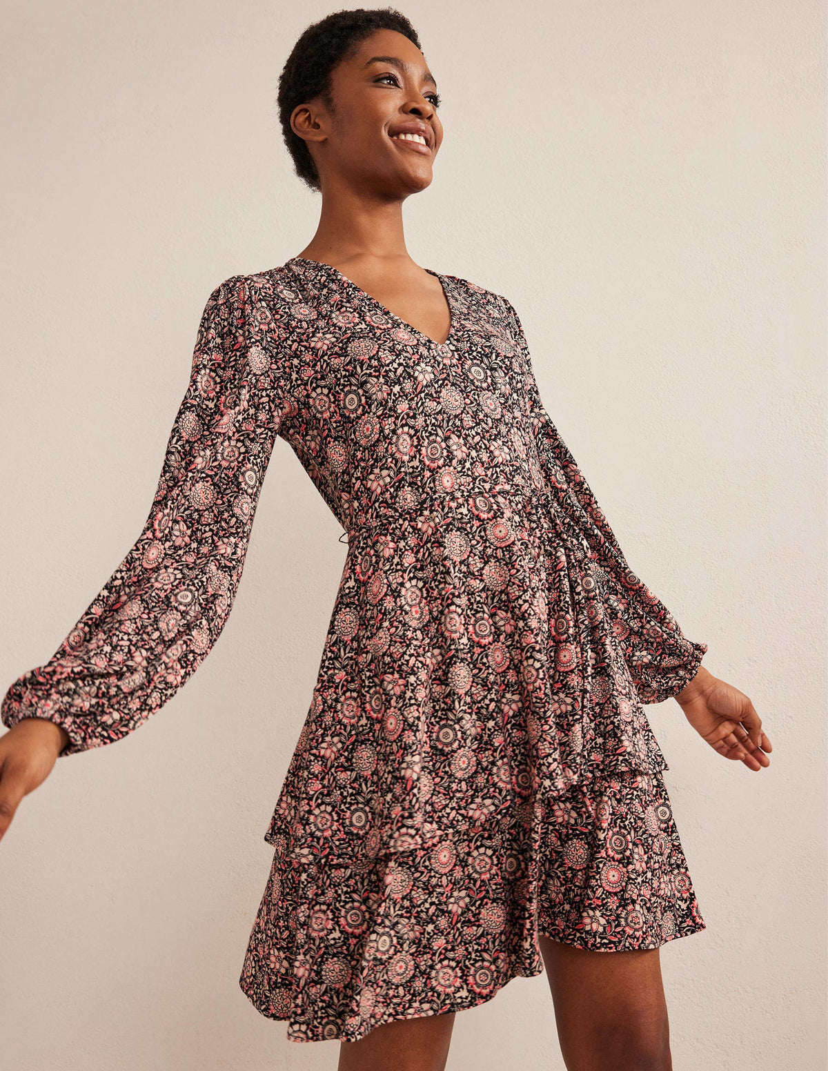 Tiered Mini Jersey Dress-Popcorn, Floral Tapestry - Image 1