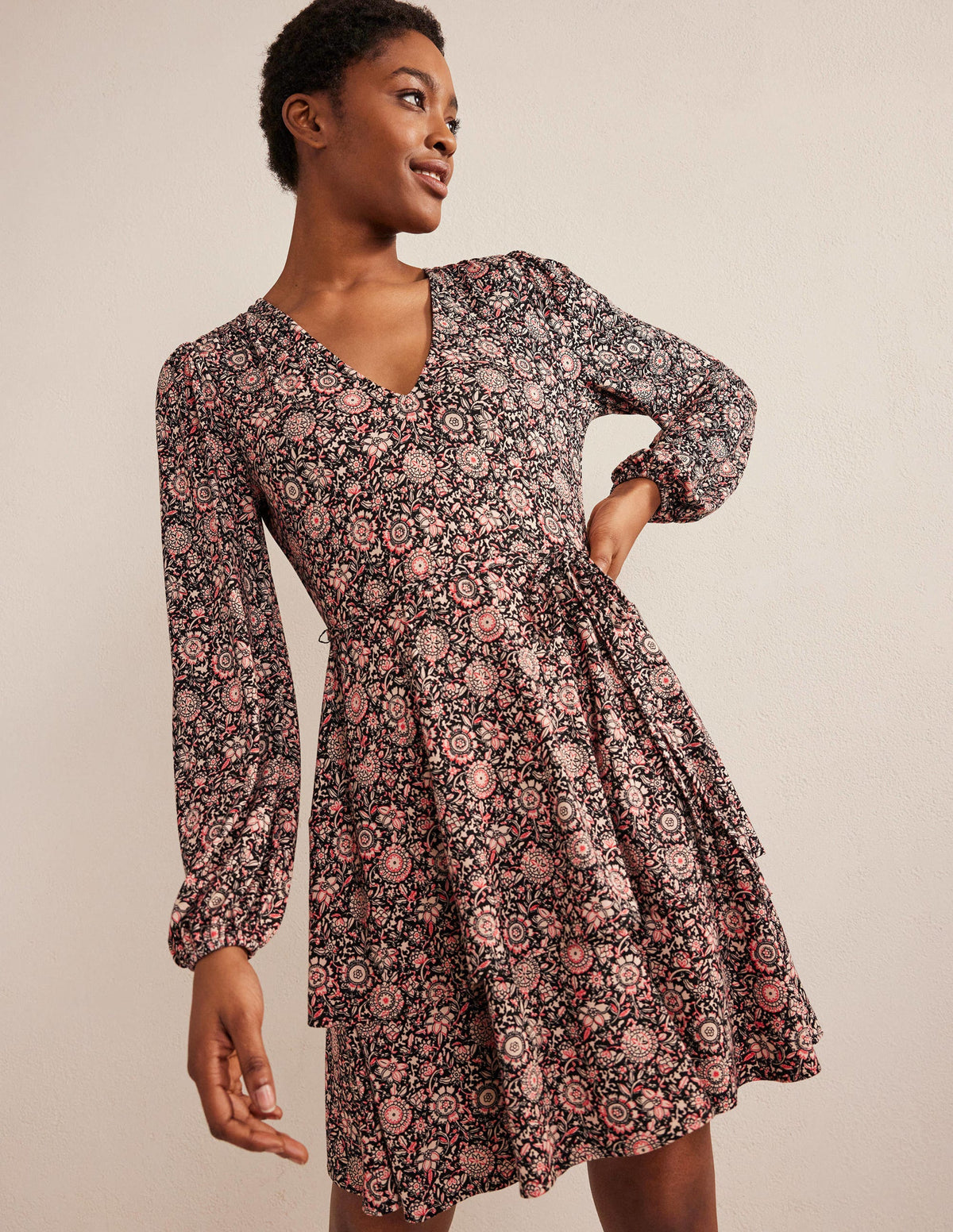 Tiered Mini Jersey Dress-Popcorn, Floral Tapestry-4
