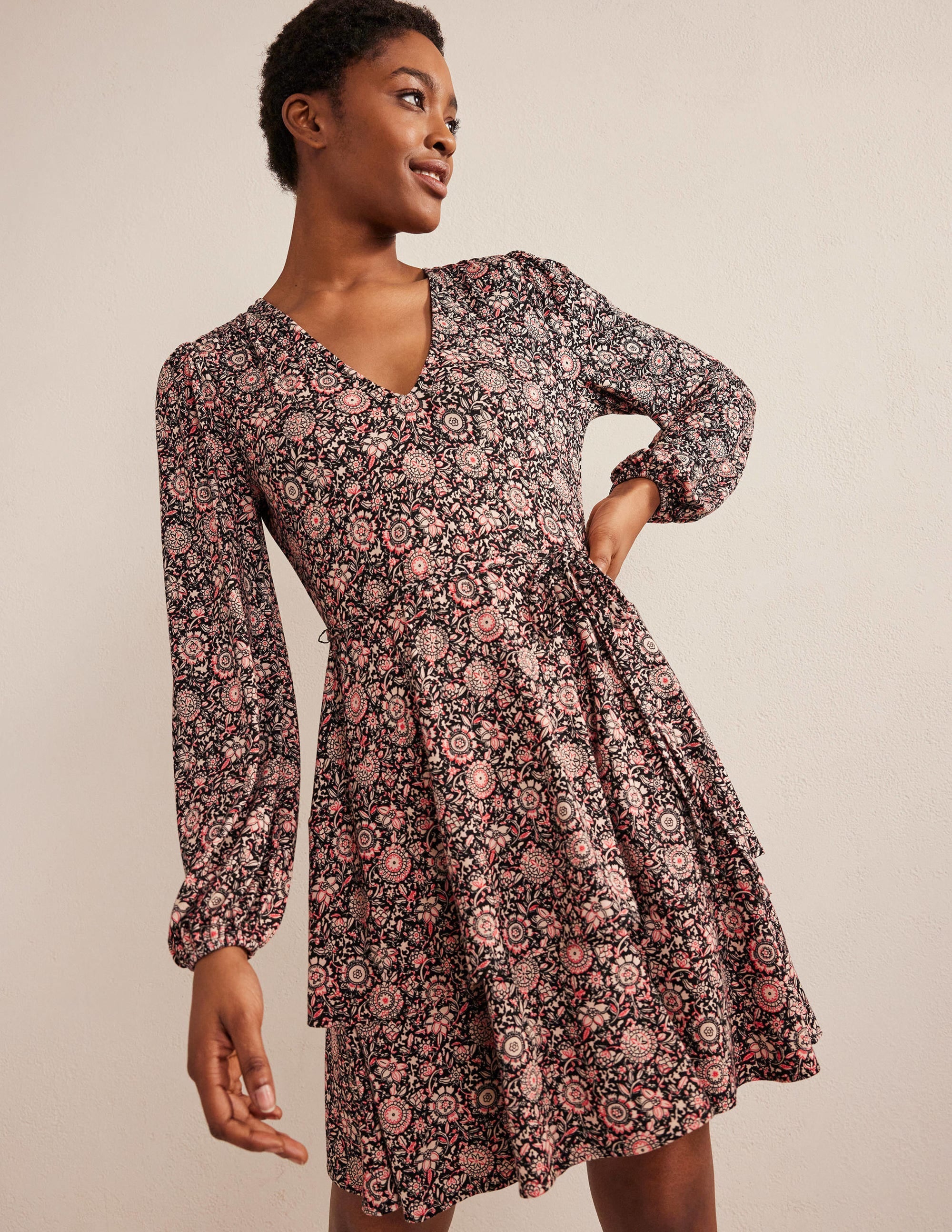 Tiered Mini Jersey Dress-Popcorn, Floral Tapestry - Image 4