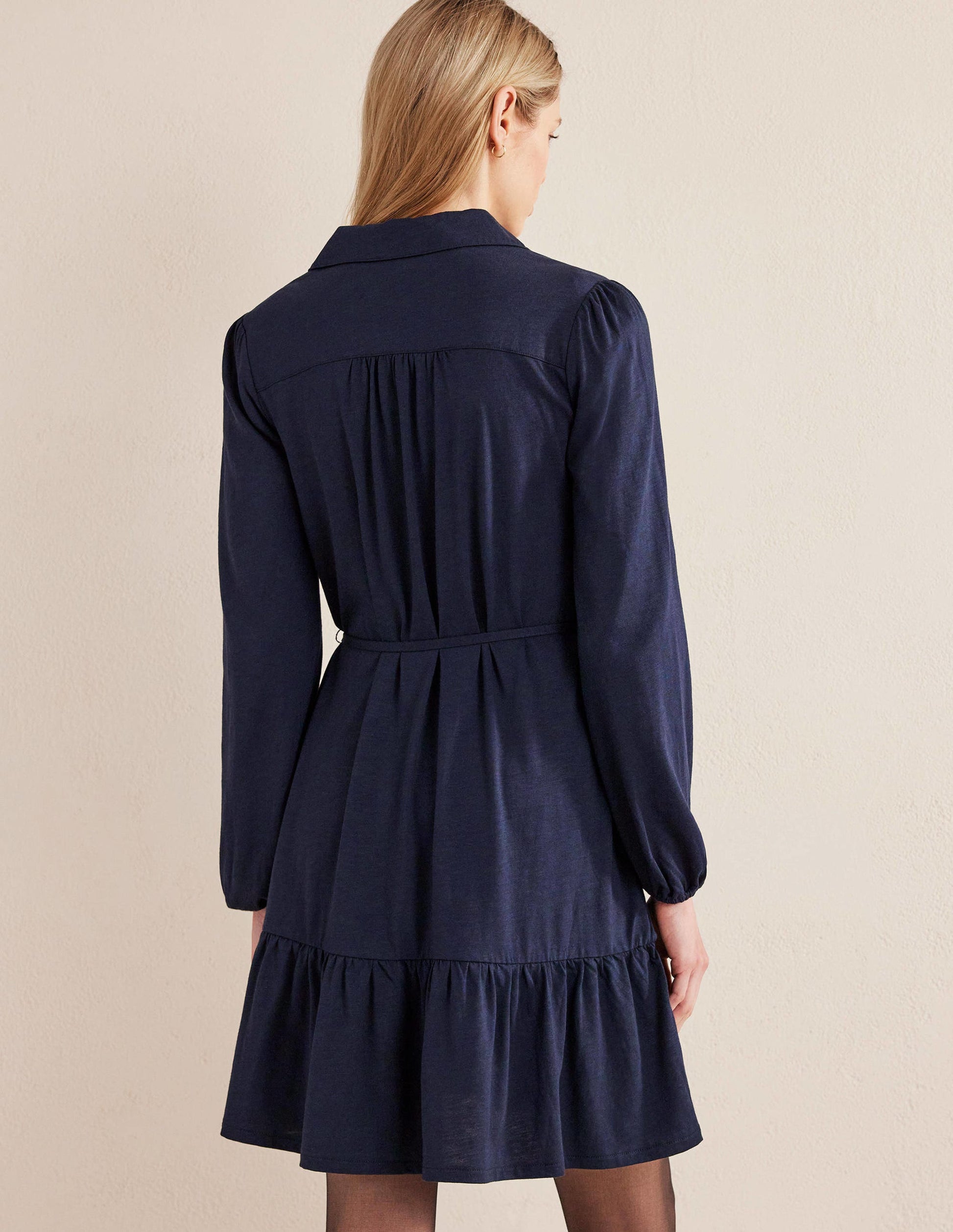 Tiered Jersey Shirt Mini Dress-Navy-3