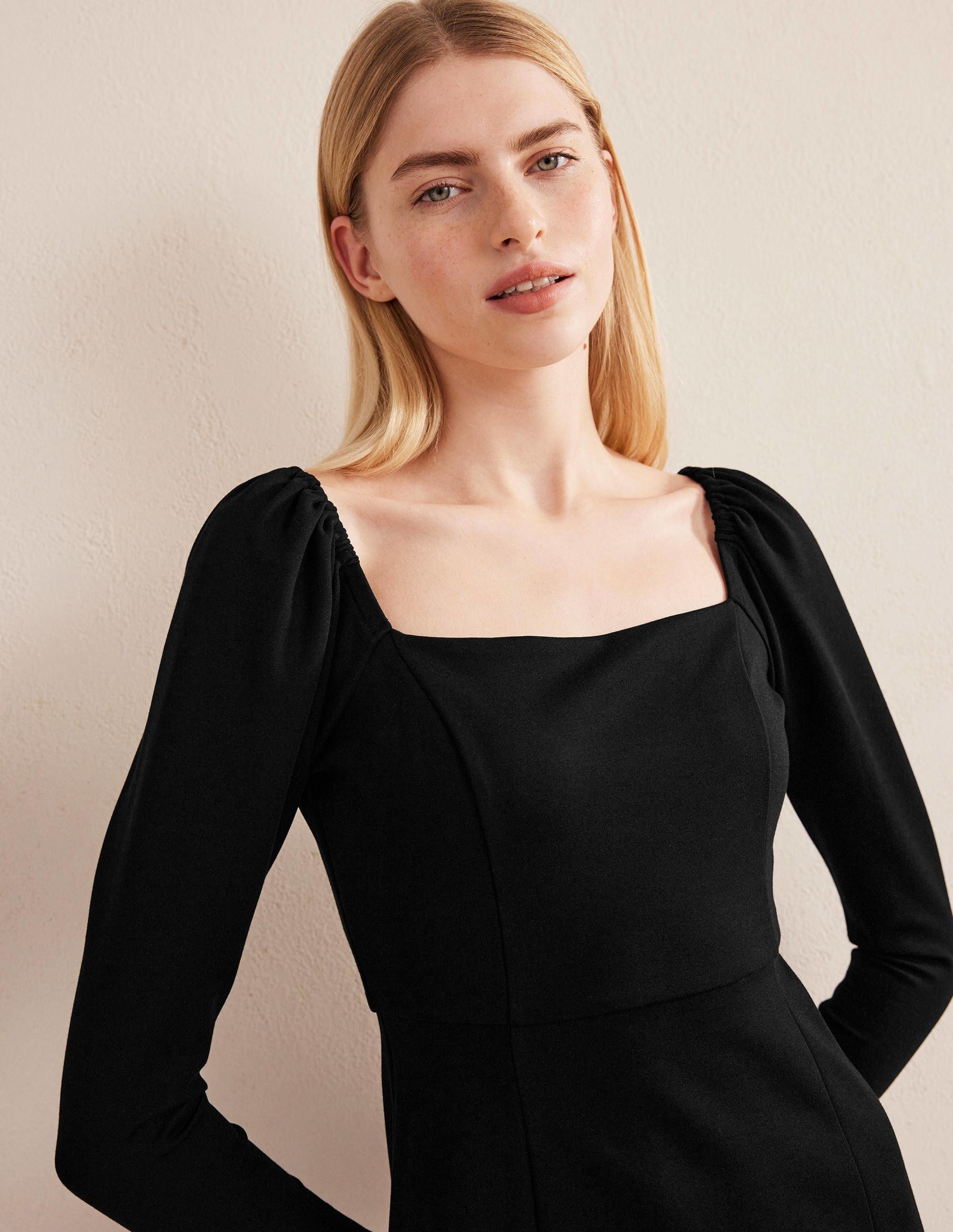 Square Neck Mini Jersey Dress-Black - Image 2