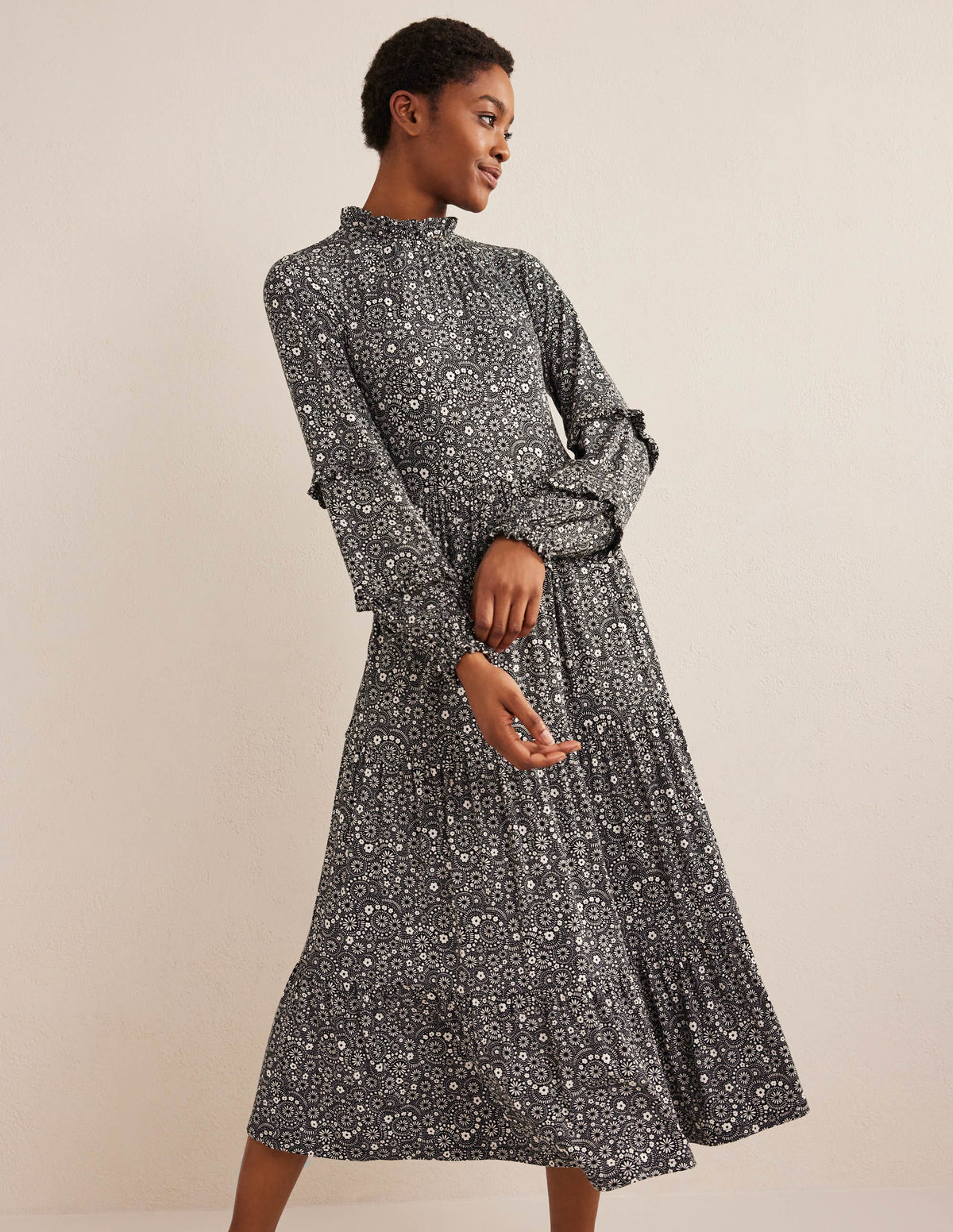 Tier Insert Midi Jersey Dress-Black, Dotty Daisy-1