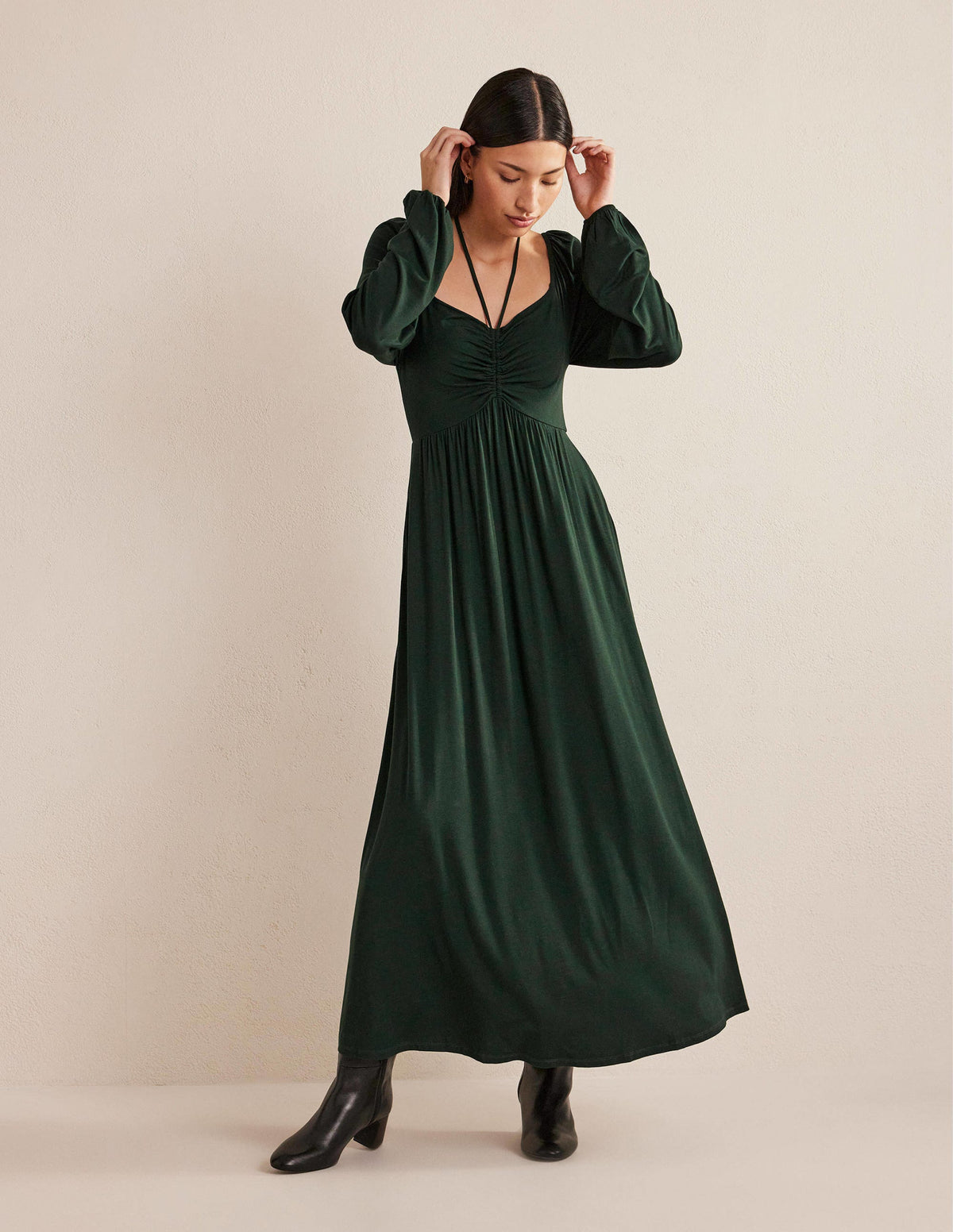 Tie Detail Jersey Maxi Dress-Cavolo Nero - Image 4