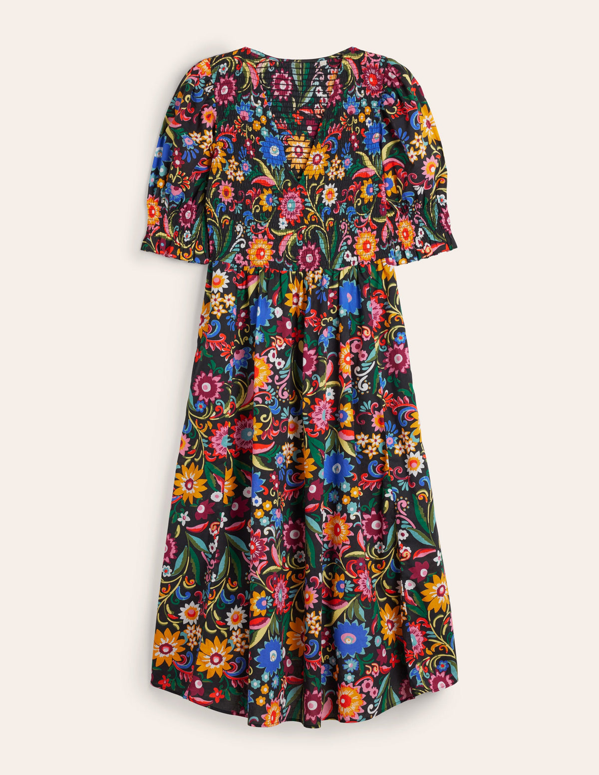 Smocked Linen Midi Dress-Black, Gardenia Pop-6