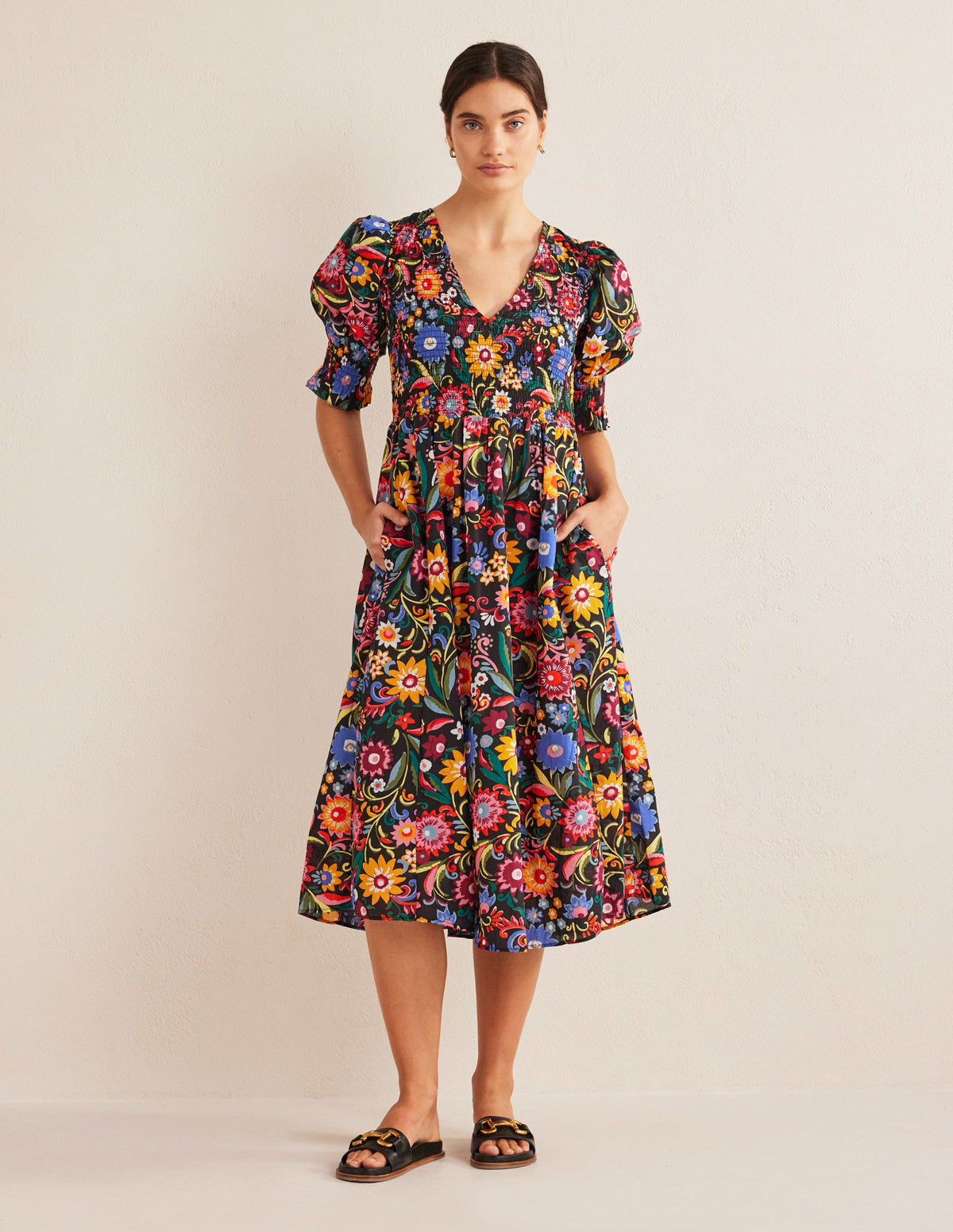 Smocked Linen Midi Dress-Black, Gardenia Pop-1