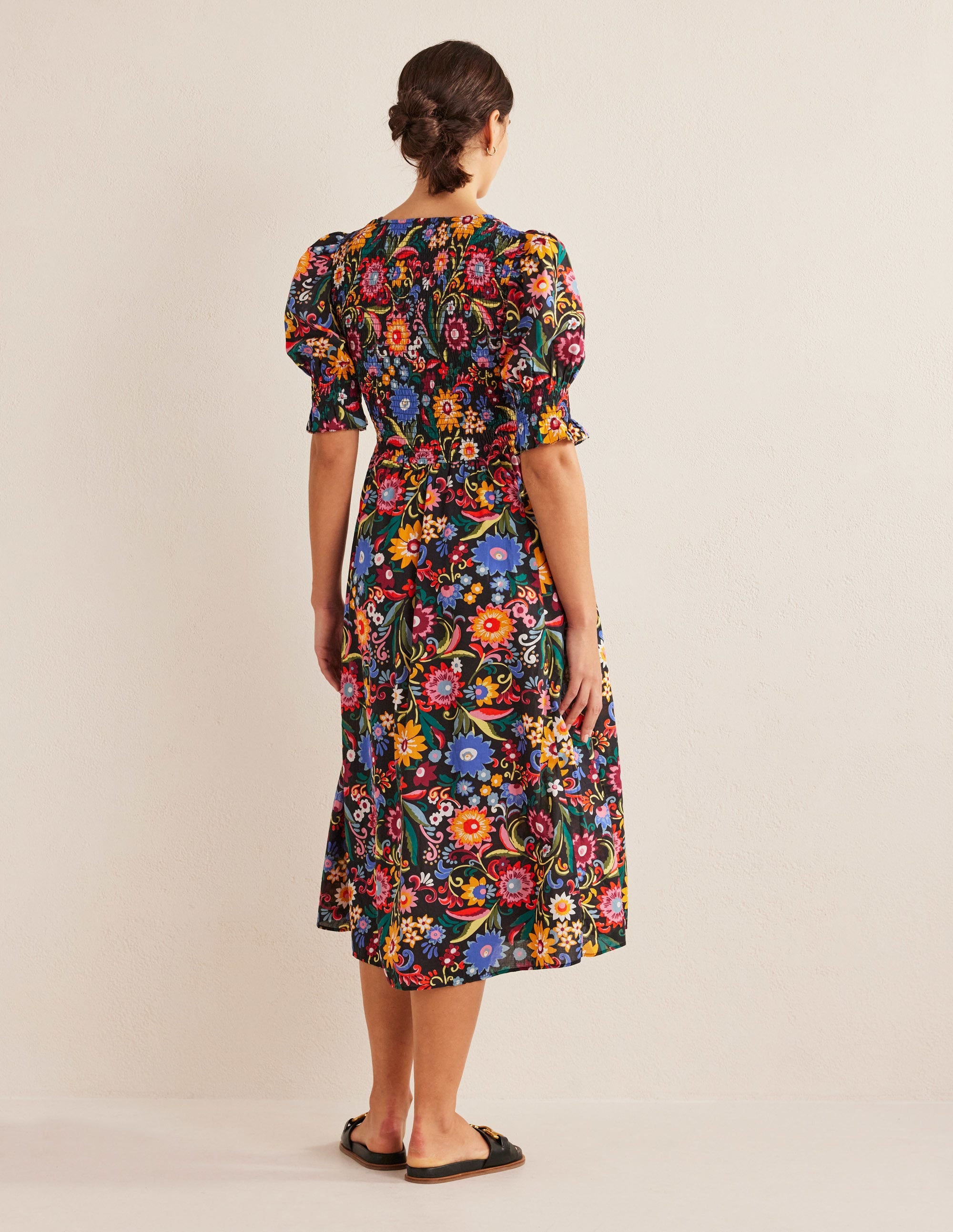 Smocked Linen Midi Dress-Black, Gardenia Pop - Image 3