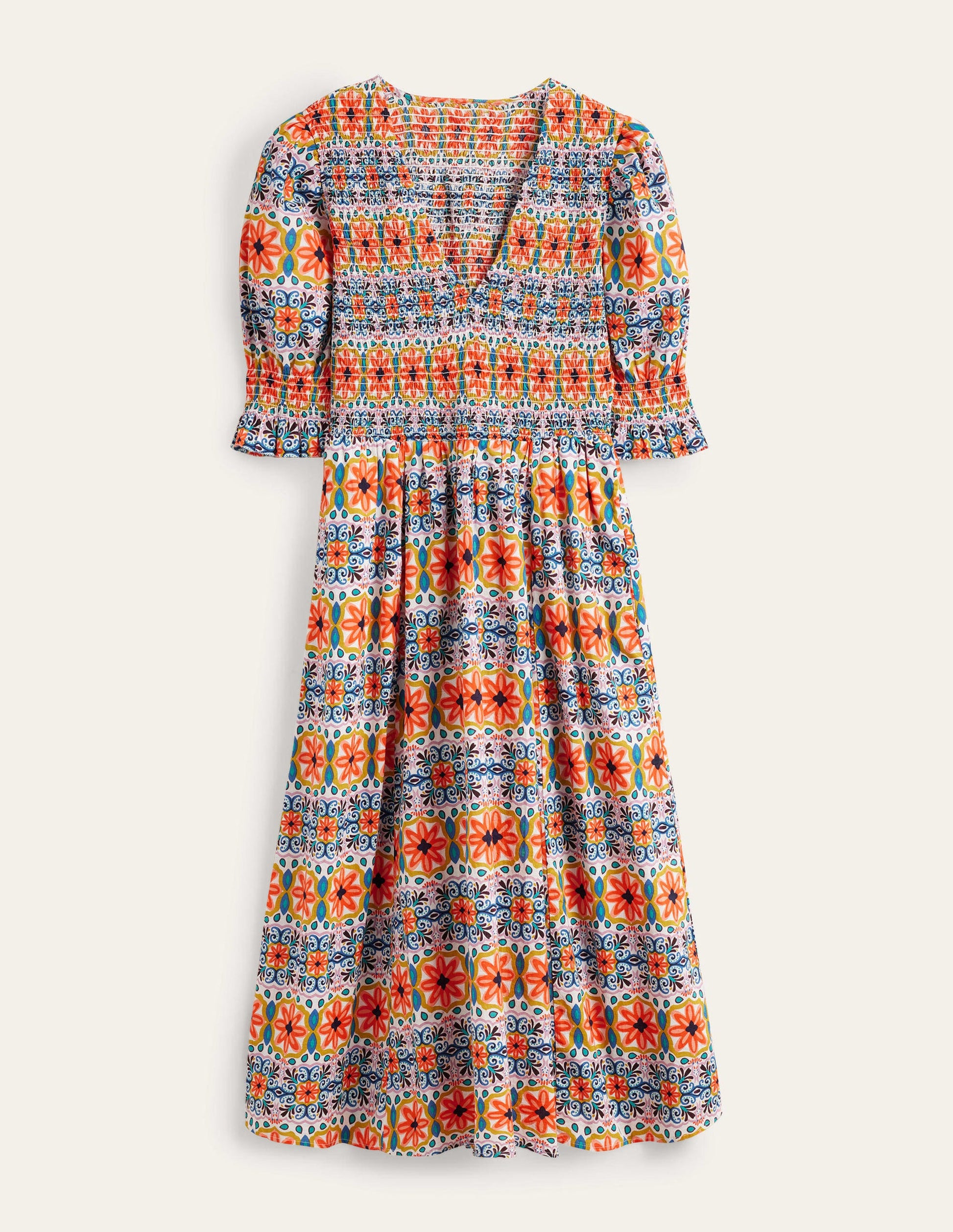 Smocked Linen Midi Dress-Multi, Tapestry Stripe-5