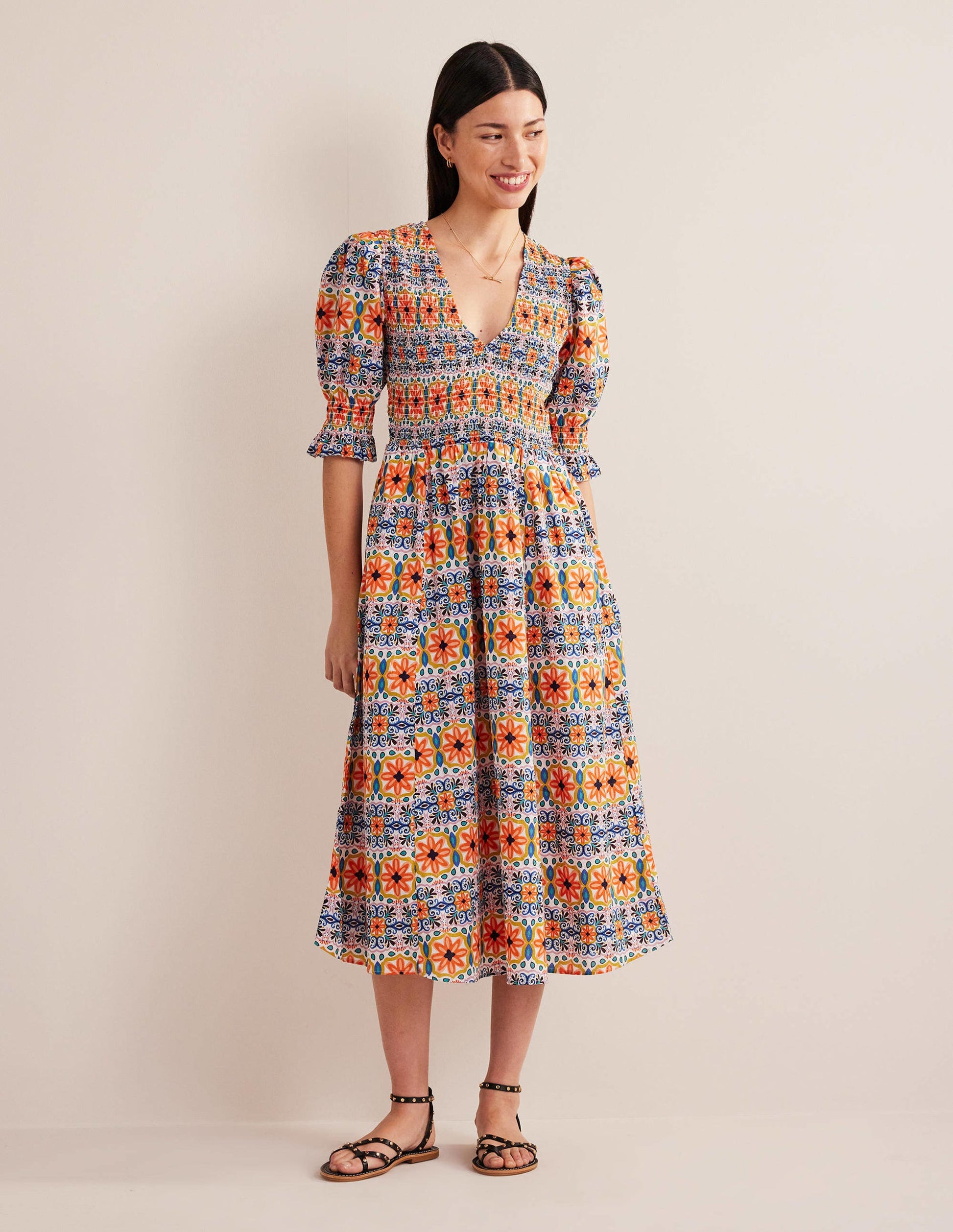 Smocked Linen Midi Dress-Multi, Tapestry Stripe-1
