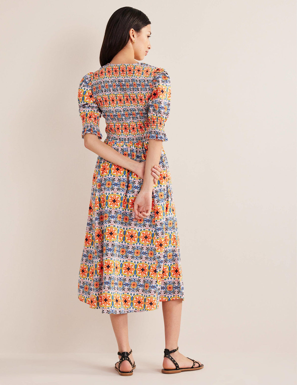 Smocked Linen Midi Dress-Multi, Tapestry Stripe-3