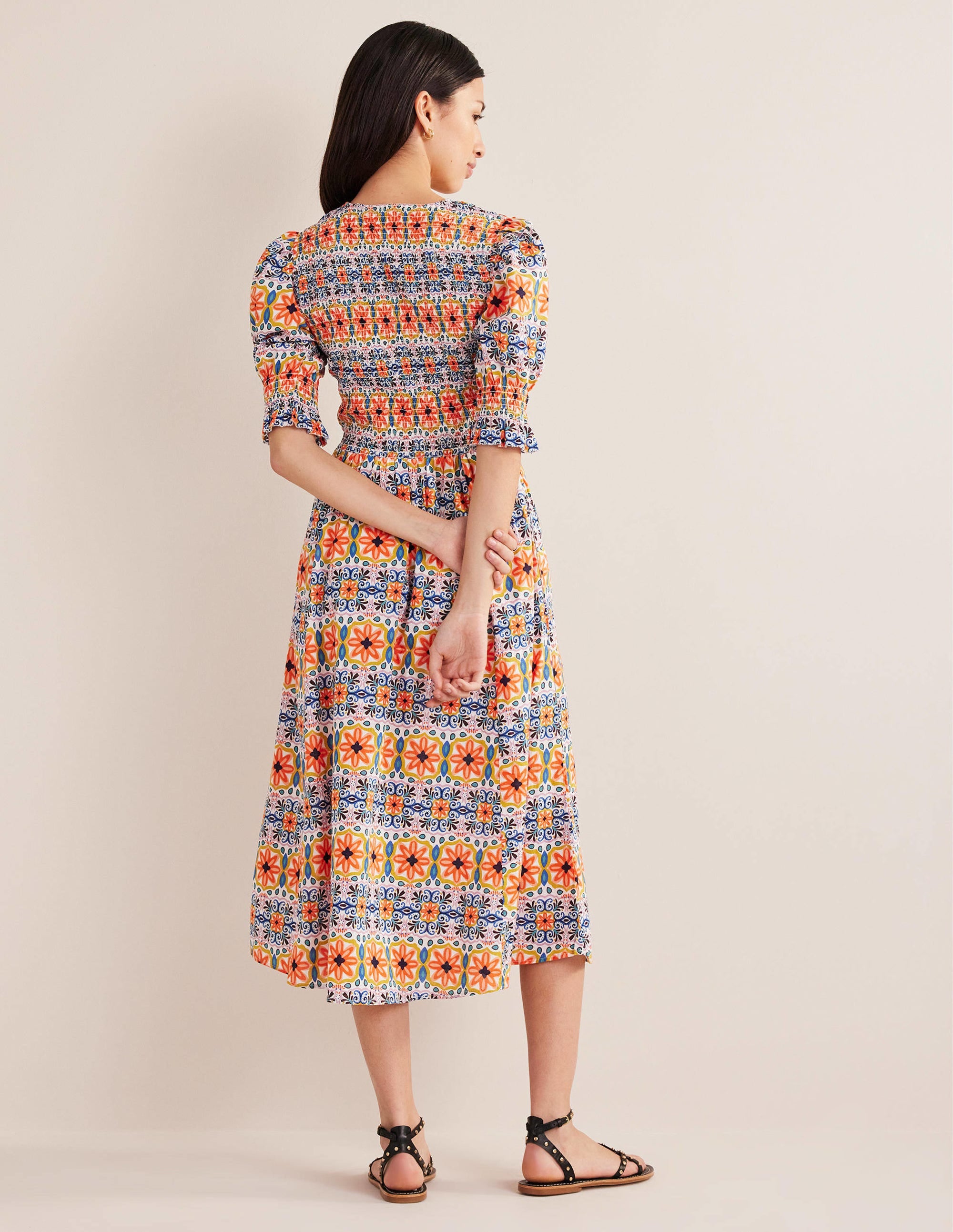 Smocked Linen Midi Dress-Multi, Tapestry Stripe - Image 3