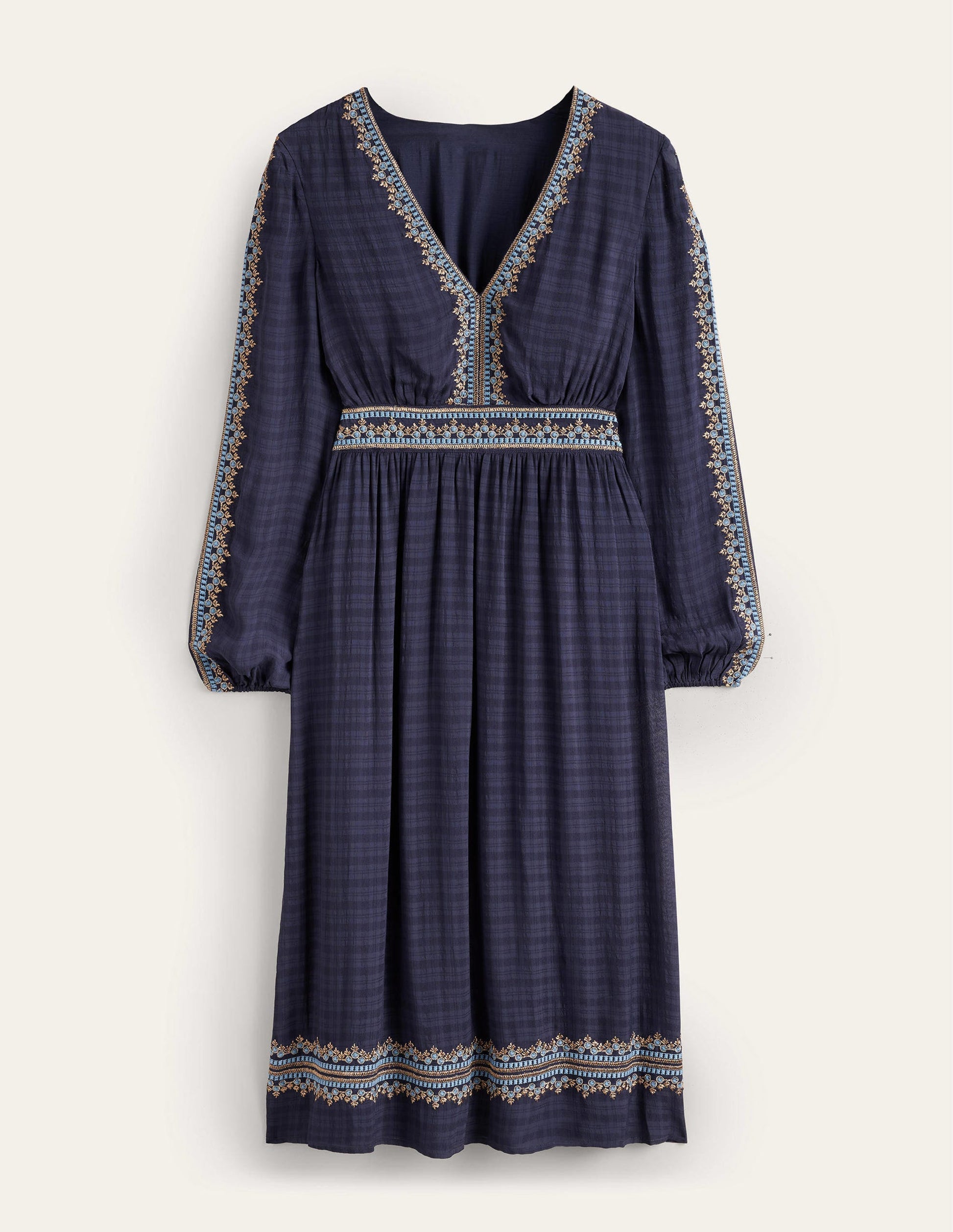 Embroidered V-neck Midi Dress-Navy-5