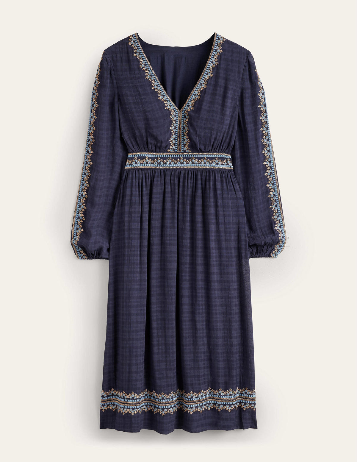 Embroidered V-neck Midi Dress-Navy - Image 5