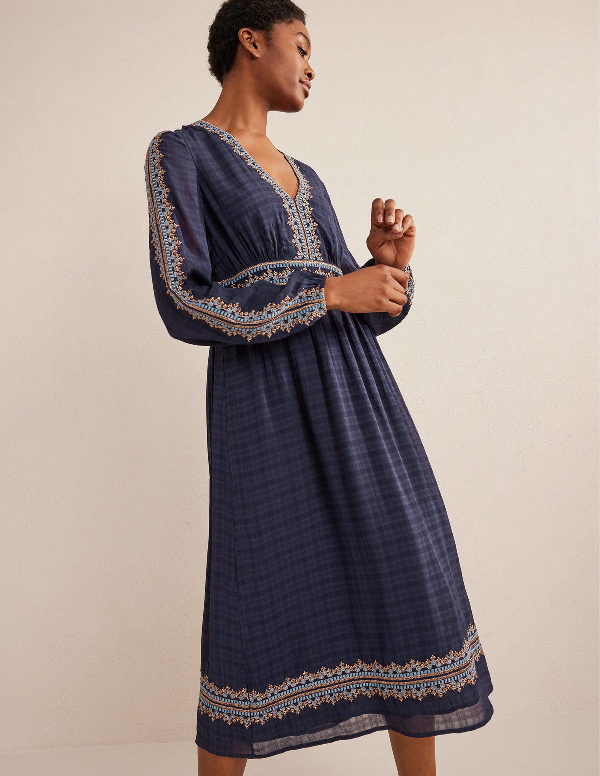 Embroidered V-neck Midi Dress-Navy-1