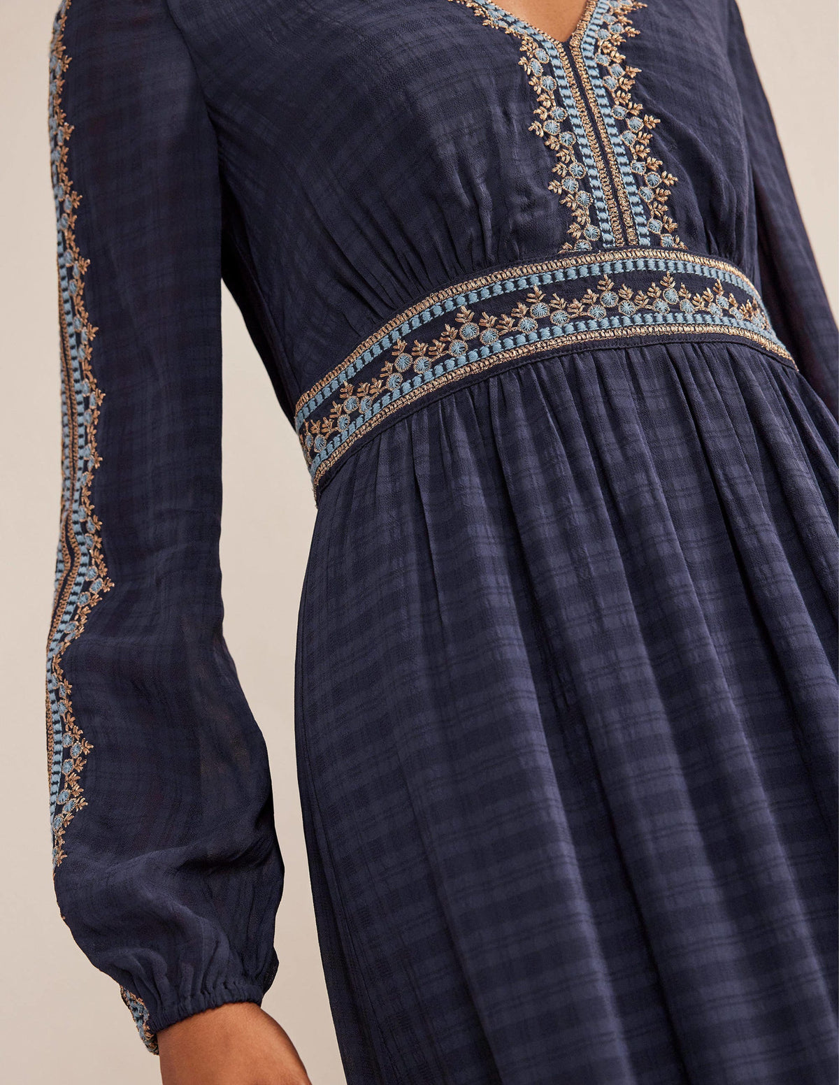 Embroidered V-neck Midi Dress-Navy - Image 2