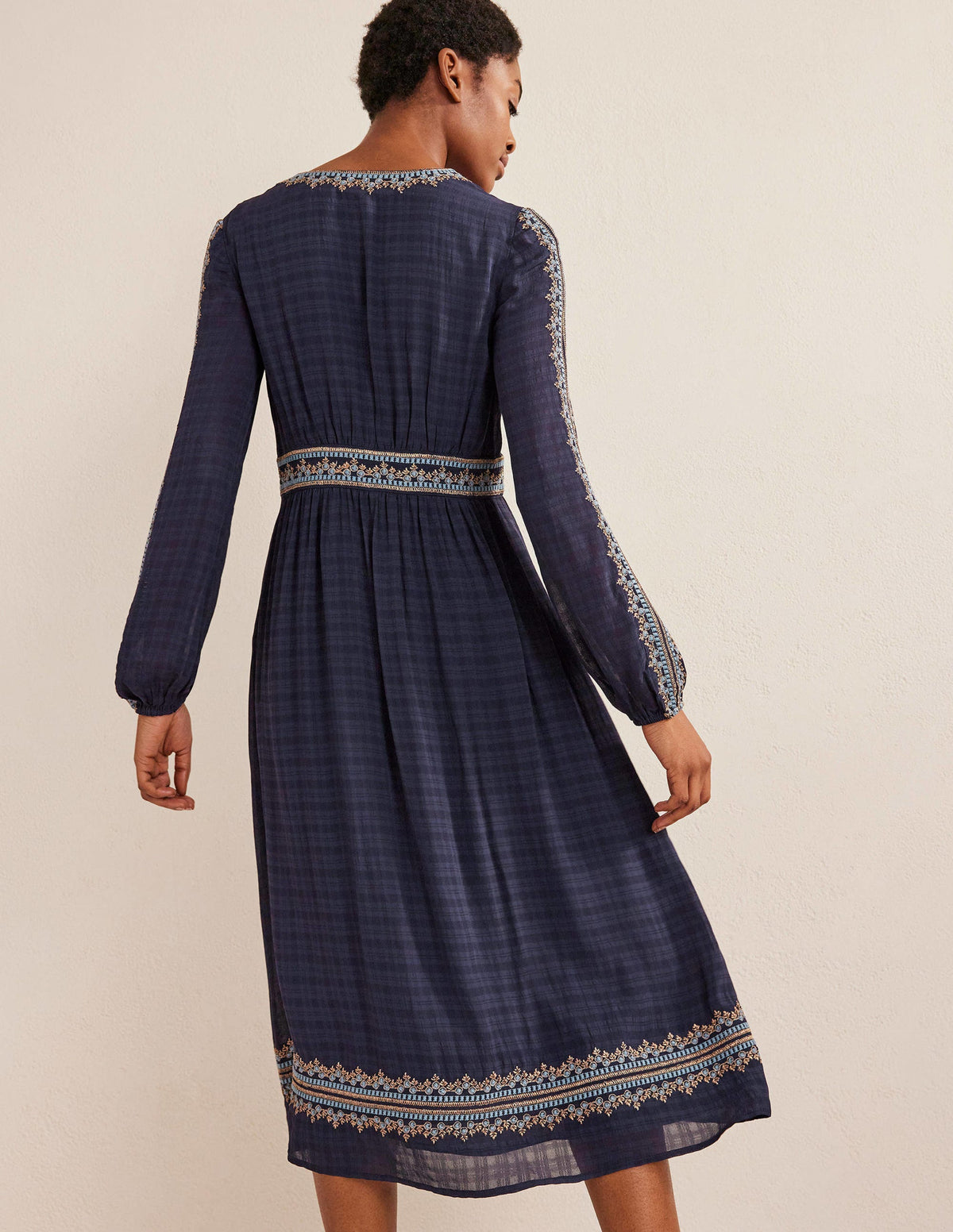 Embroidered V-neck Midi Dress-Navy-3