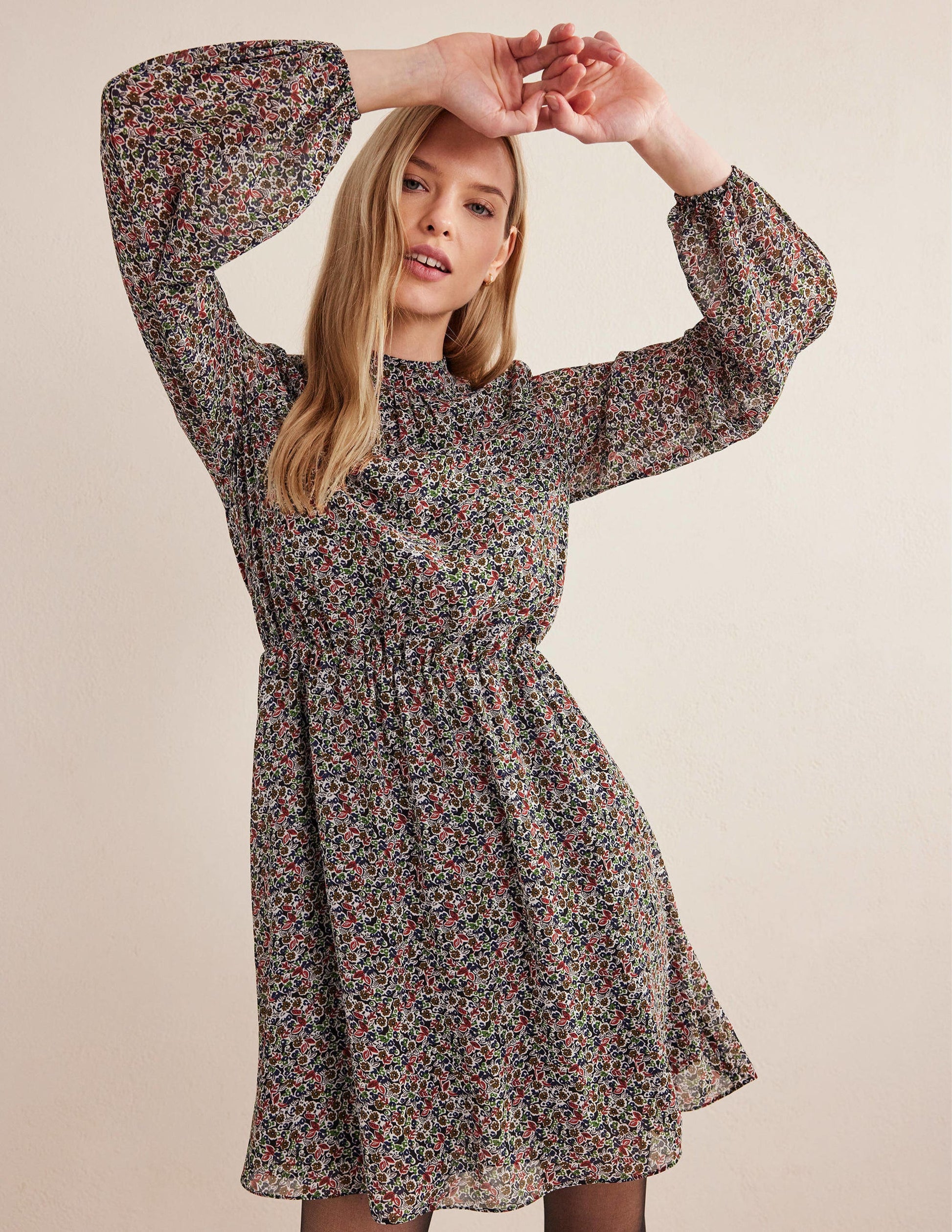 High Neck Flippy Mini Dress-Black, Petal Toile-1