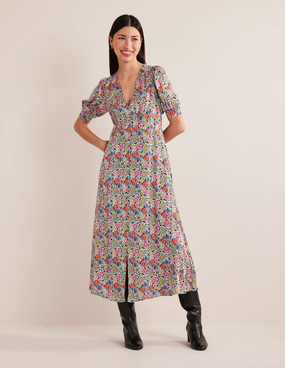 Satin Midi Tea Dress-Multi, Carnation Garden-1