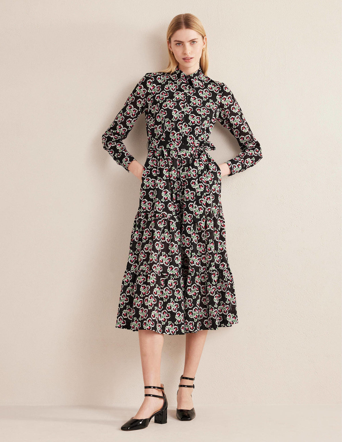 Flo Cotton Midi Shirt Dress-Black, Petal Blossom - Image 1