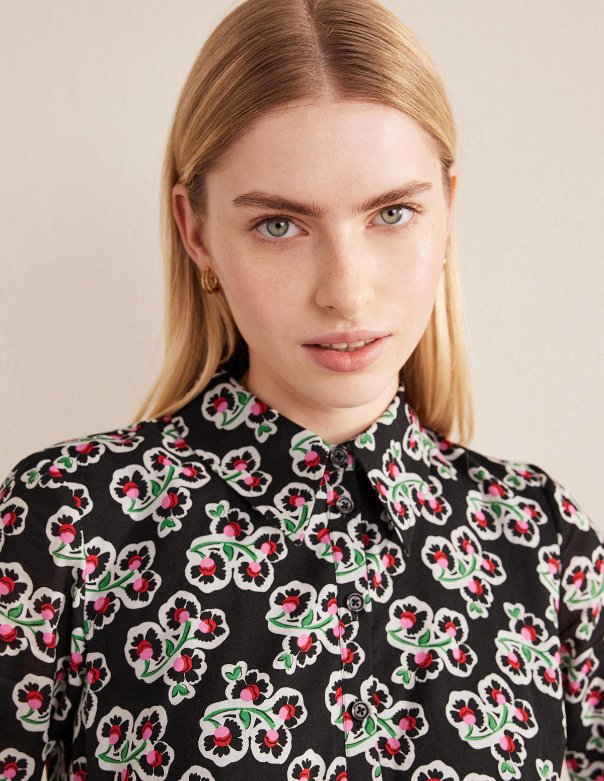 Flo Cotton Midi Shirt Dress-Black, Petal Blossom-2