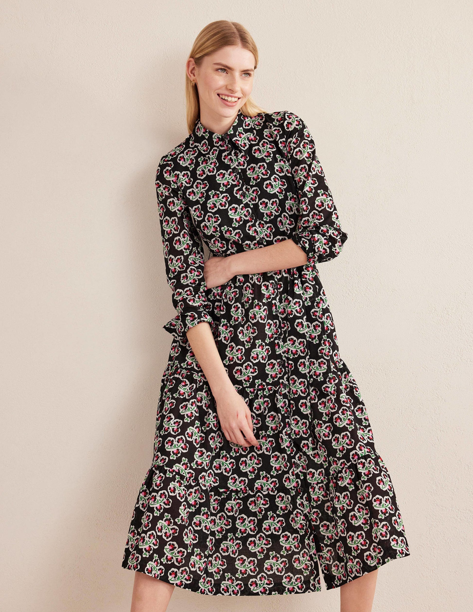 Flo Cotton Midi Shirt Dress-Black, Petal Blossom-4