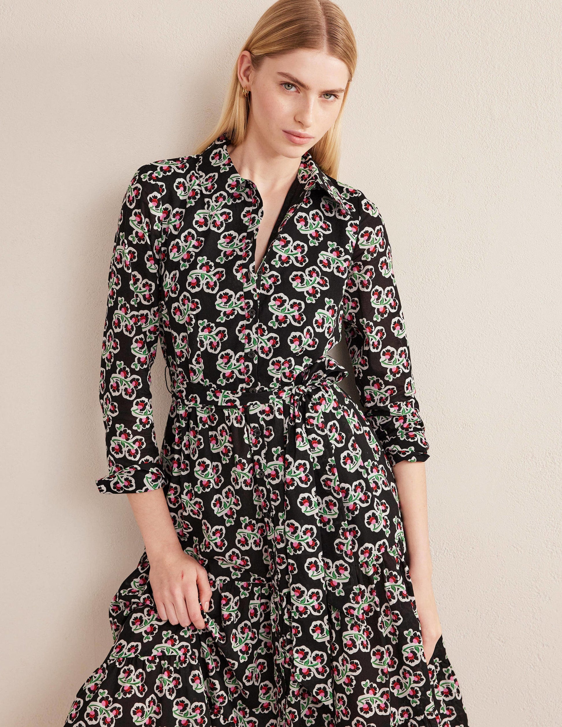 Flo Cotton Midi Shirt Dress-Black, Petal Blossom-5