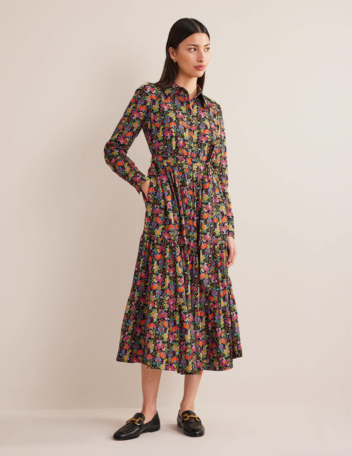 Flo Cotton Midi Shirt Dress-Black, Carnation Garden - Image 1