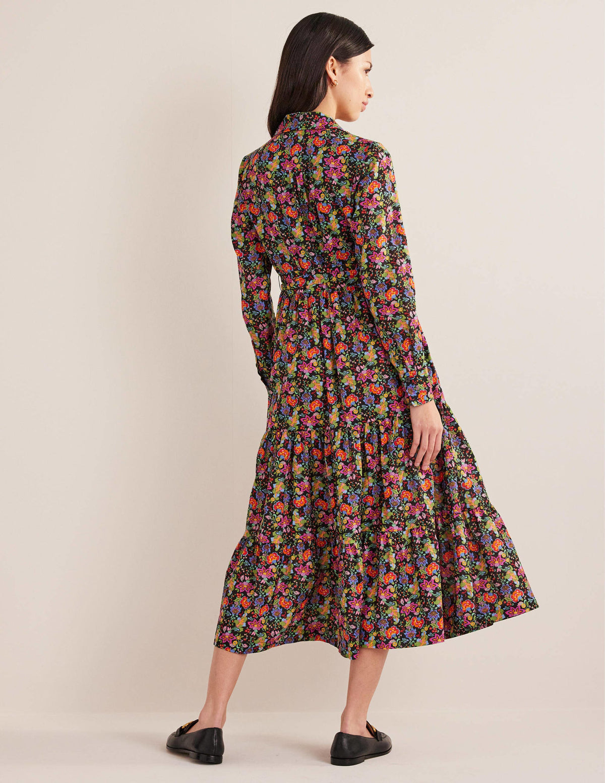 Flo Cotton Midi Shirt Dress-Black, Carnation Garden - Image 3