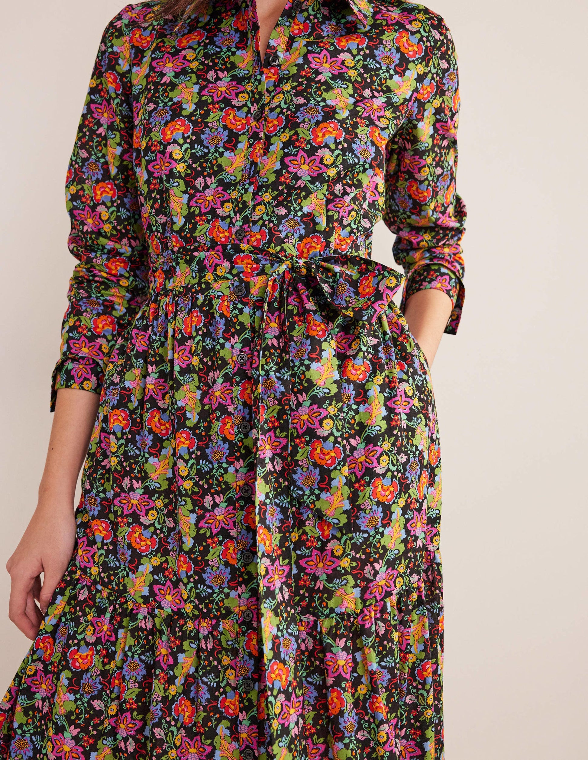 Flo Cotton Midi Shirt Dress-Black, Carnation Garden-4