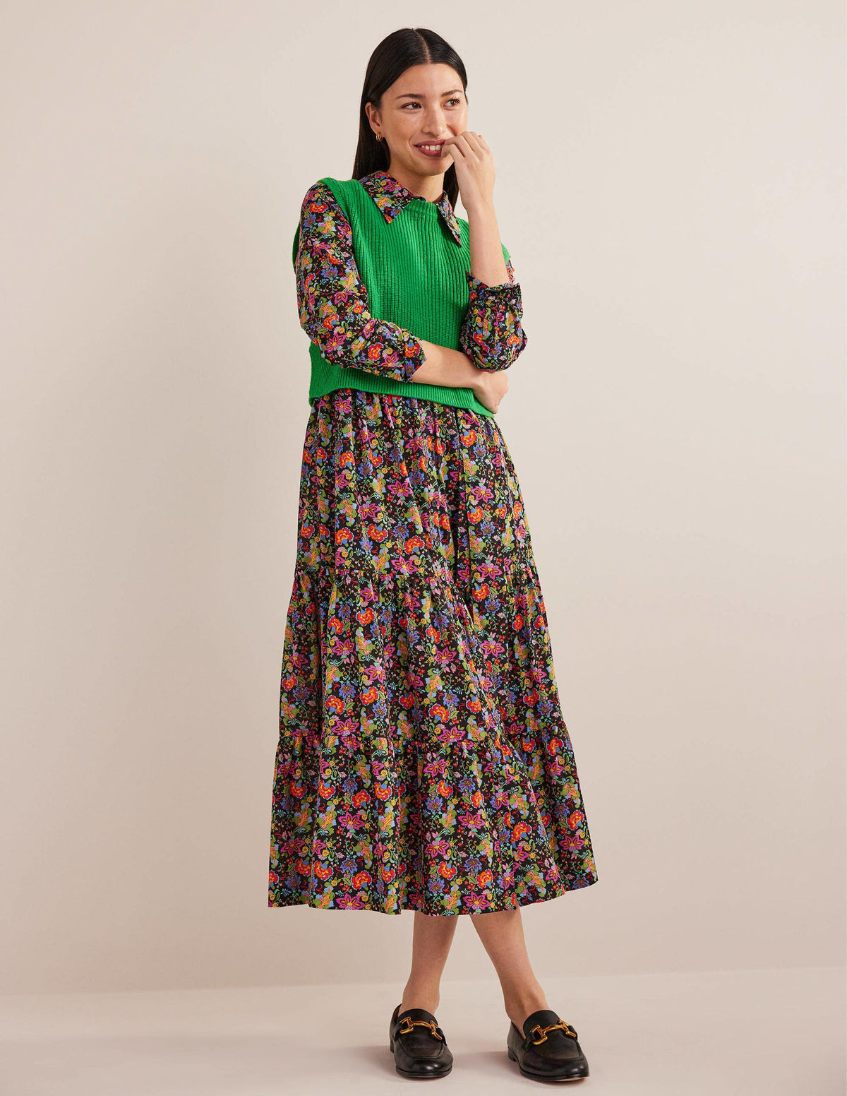 Flo Cotton Midi Shirt Dress-Black, Carnation Garden-5